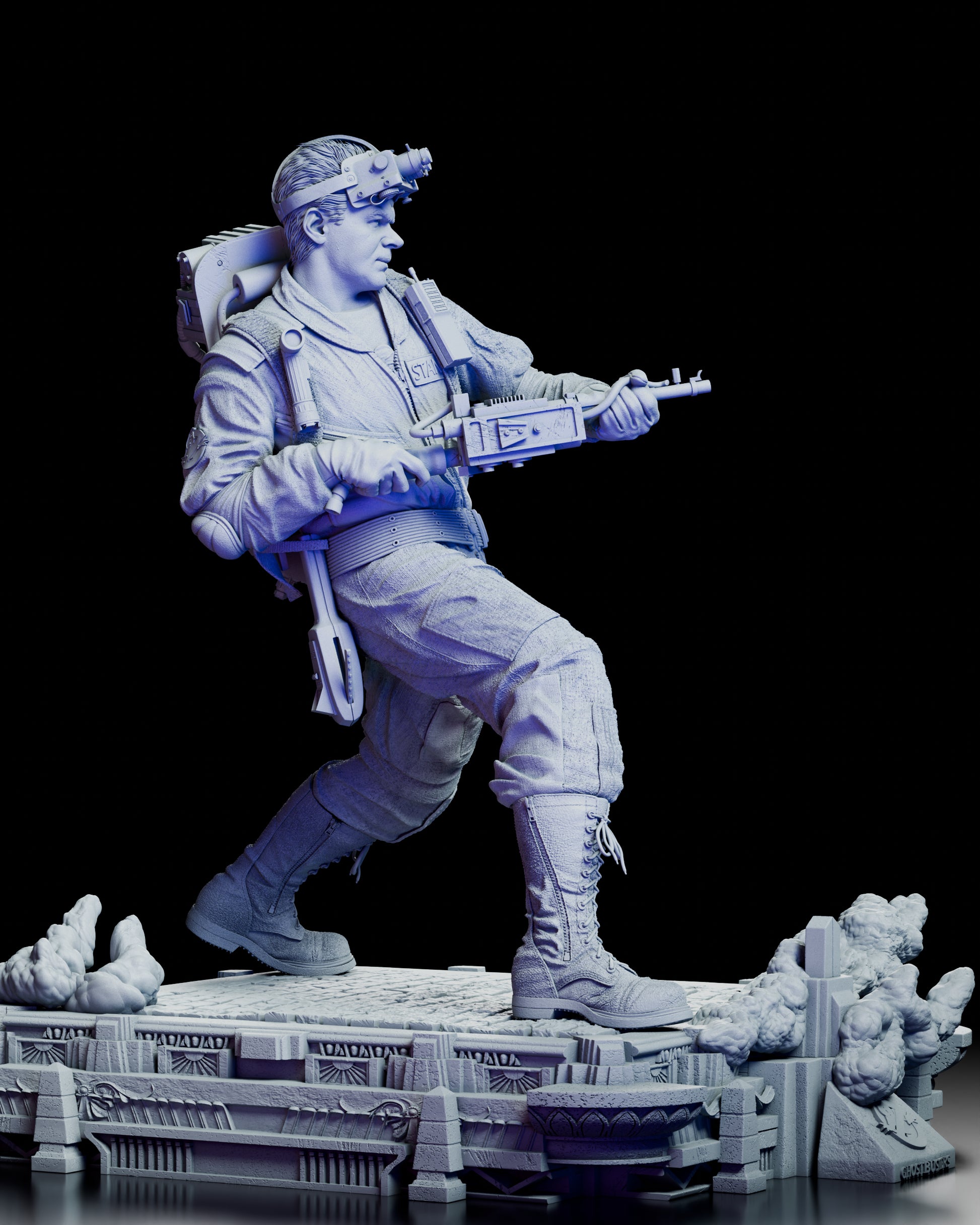 Right side view highlighting the intricate proton pack, gloves, and dynamic stance