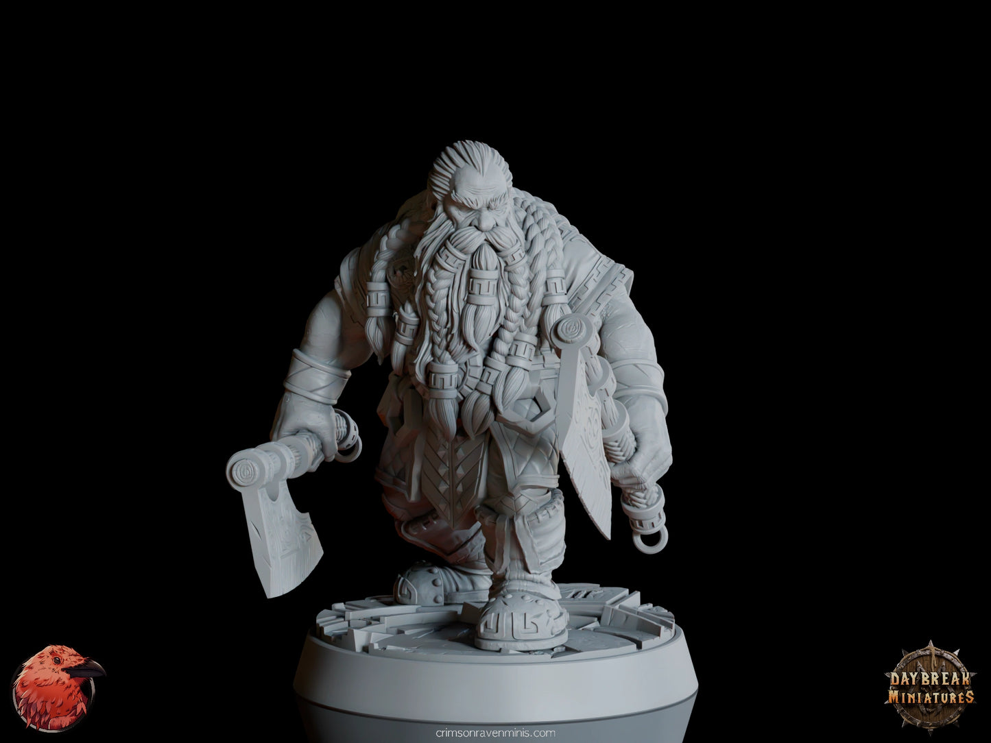 A 3D render of Petri “Red Axes” Redhalla, a dwarf wielding dual axes, standing on a 1-inch base.