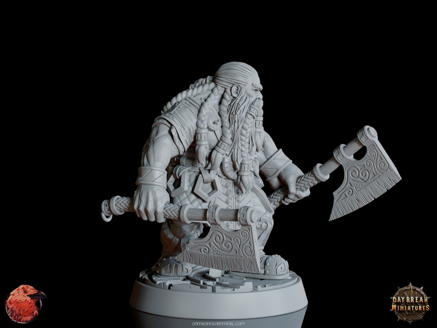 A 3D render of Petri “Red Axes” Redhalla, a dwarf wielding dual axes, standing on a 1-inch base.