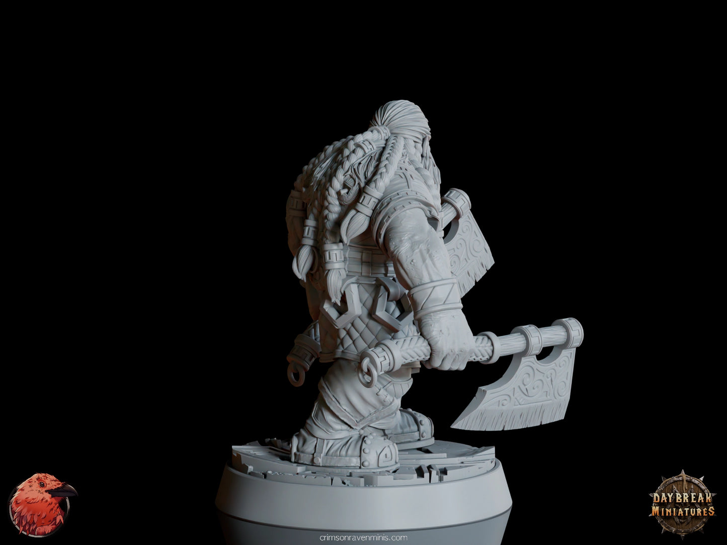 A 3D render of Petri “Red Axes” Redhalla, a dwarf wielding dual axes, standing on a 1-inch base.