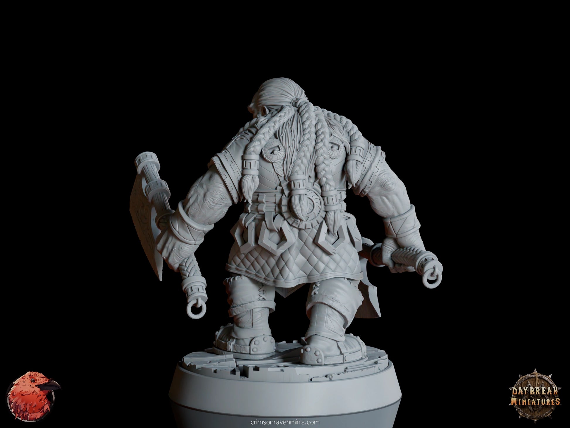 A 3D render of Petri “Red Axes” Redhalla, a dwarf wielding dual axes, standing on a 1-inch base.