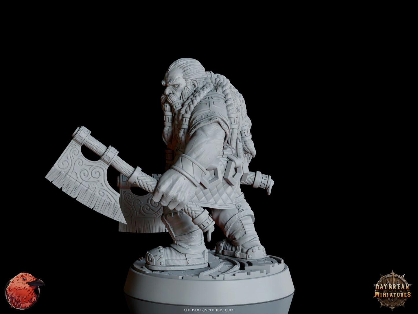 A 3D render of Petri “Red Axes” Redhalla, a dwarf wielding dual axes, standing on a 1-inch base.