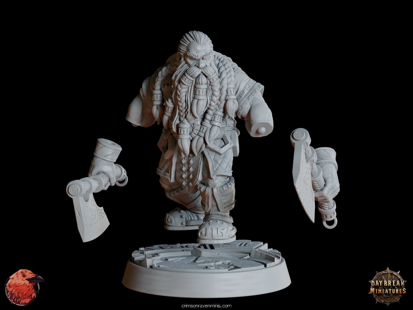 A 3D render of Petri “Red Axes” Redhalla, a dwarf wielding dual axes, standing on a 1-inch base. unassembled parts