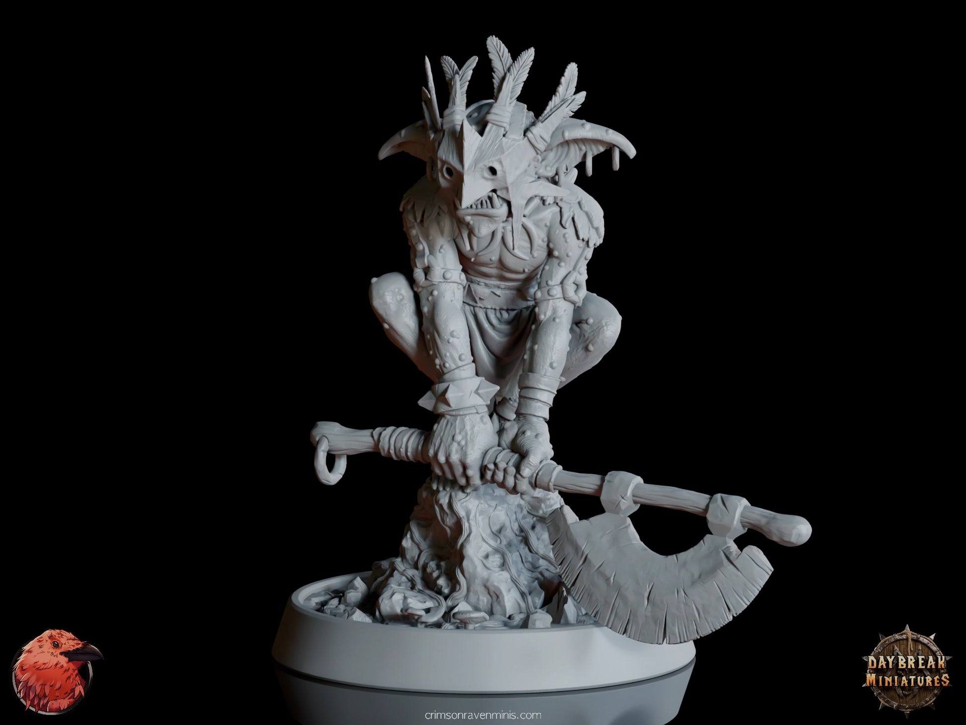 32mm scale goblin miniature Roop da Traedzle crouched on a rock gripping battle axe