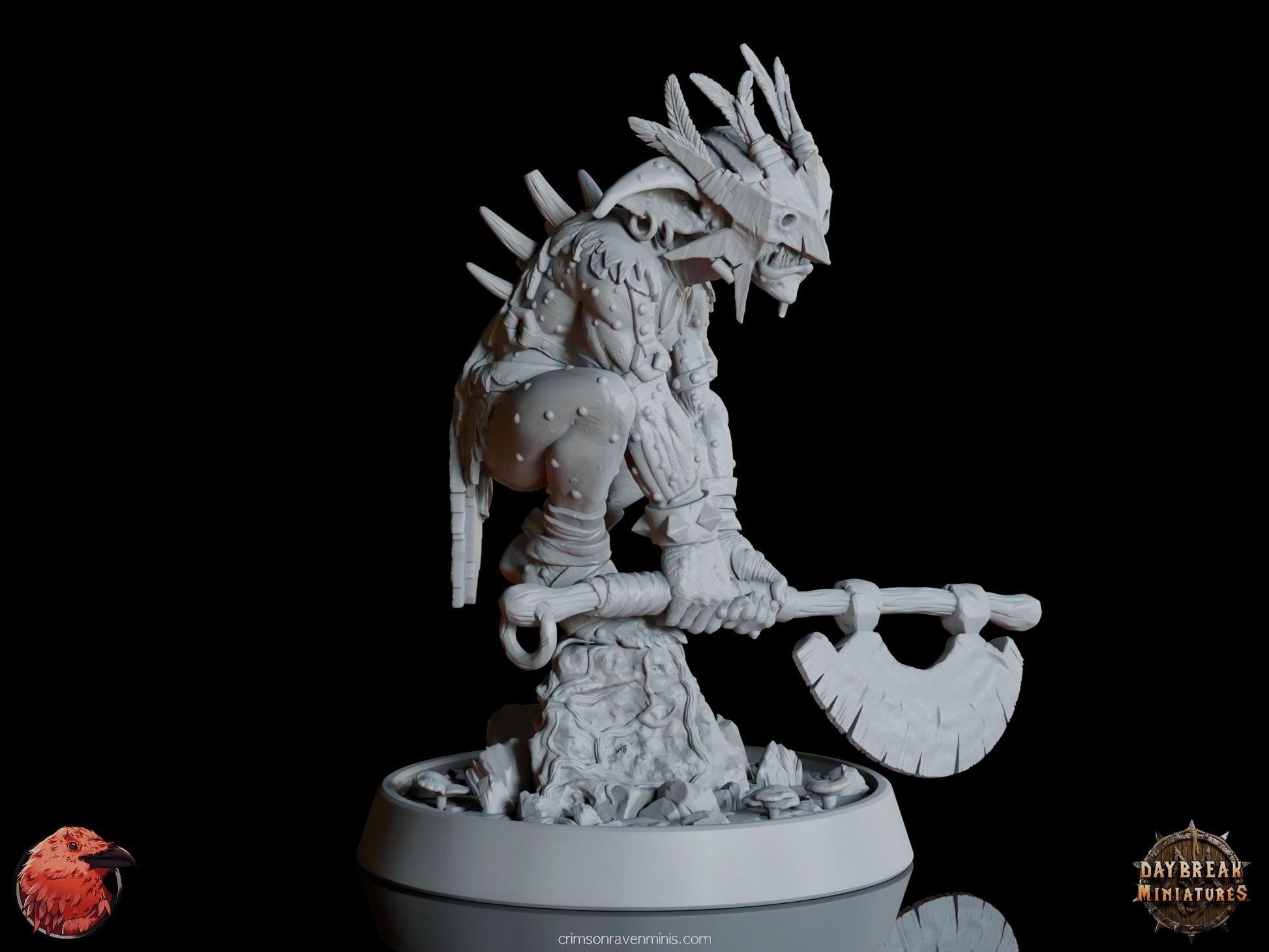 Side view of Roop da Traedzle goblin miniature with feathered helm and battle axe