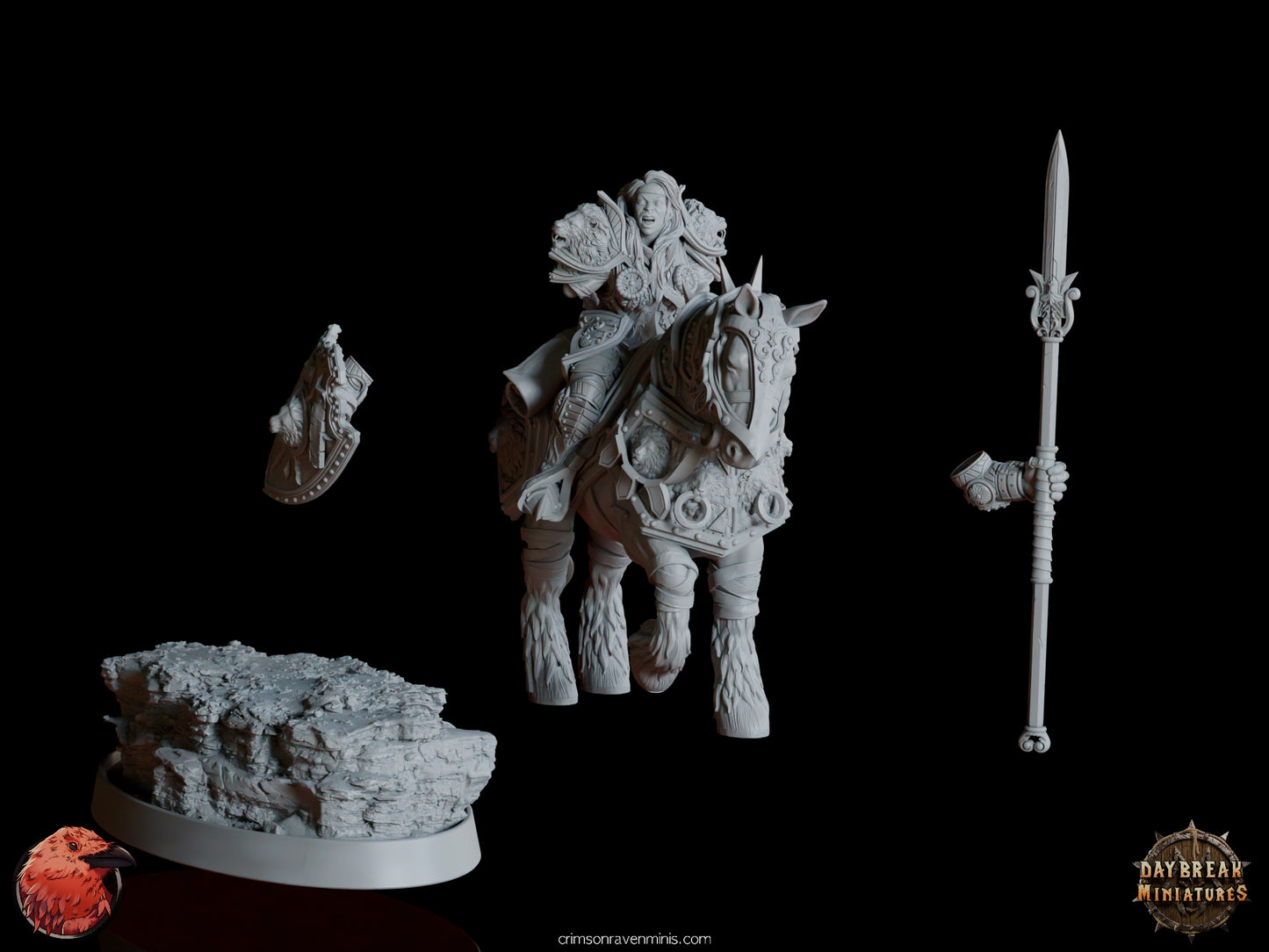 Salomé du Lion d'Argent resin miniature in parts: body, horse, spear, and base