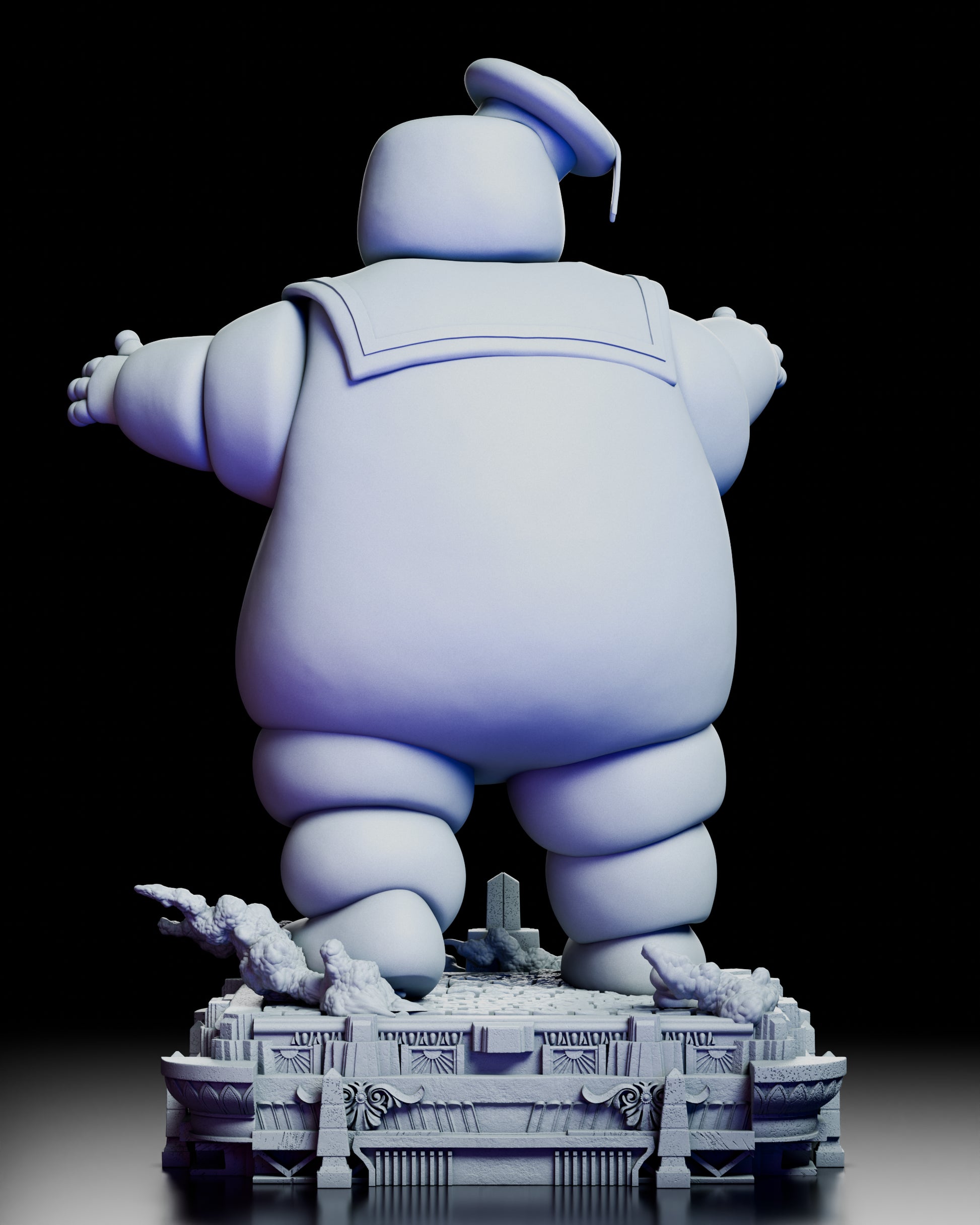 Left side view of Stay Puft Marshmallow Man showing sculpted folds and playful expression