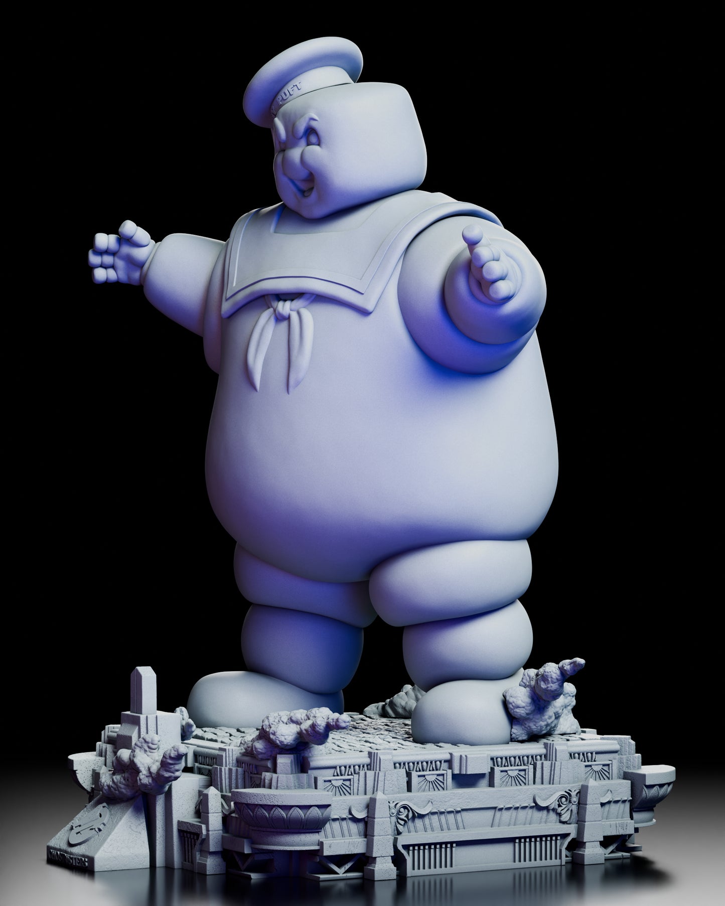 Left side view of Stay Puft Marshmallow Man showing sculpted folds and playful expression