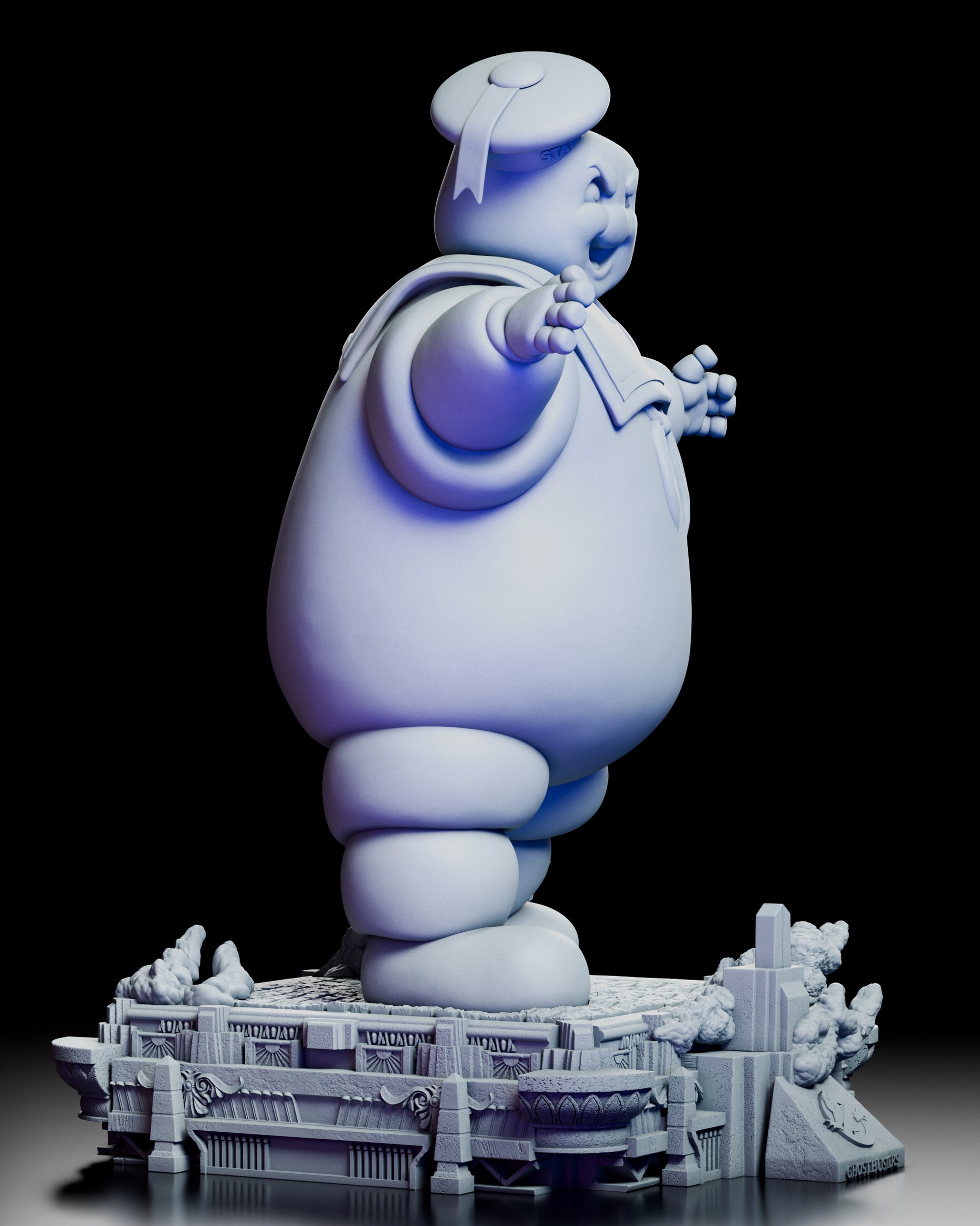 Right side view highlighting Stay Puft’s hat, sailor collar, and puffed limbs in detailed resin texture