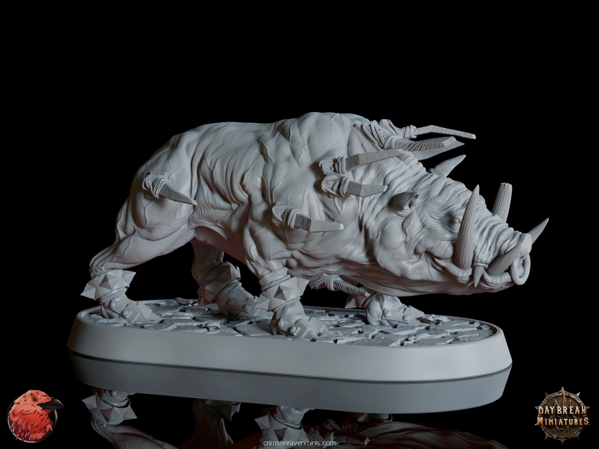 Stockus war pig miniature in side profile, showcasing muscular build, large tusks, and armor details on a textured base