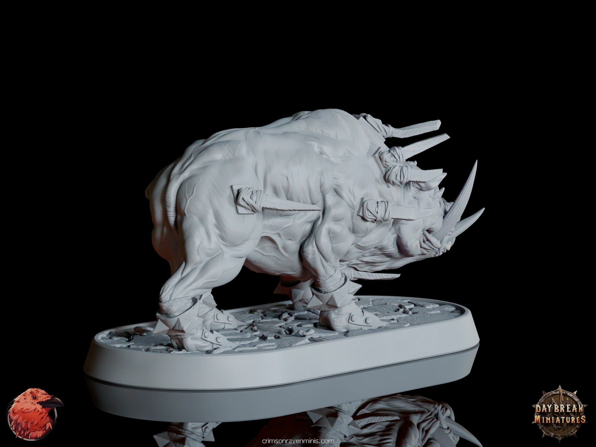 Rear view of Stockus war pig miniature, highlighting the powerful legs and back armor spikes, standing on a textured base