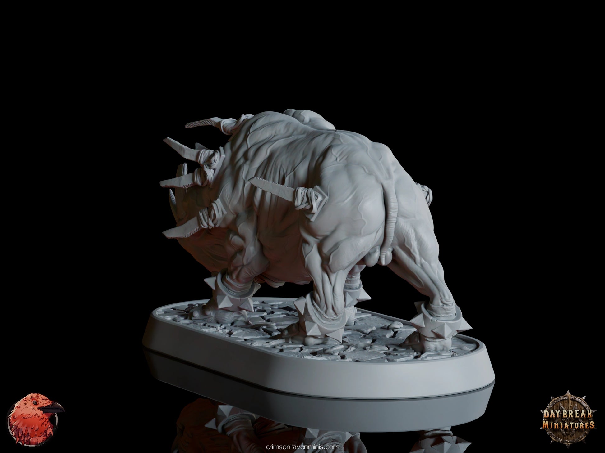 Front view of Stockus war pig miniature, emphasizing its imposing tusks and forward armor spikes on a textured base