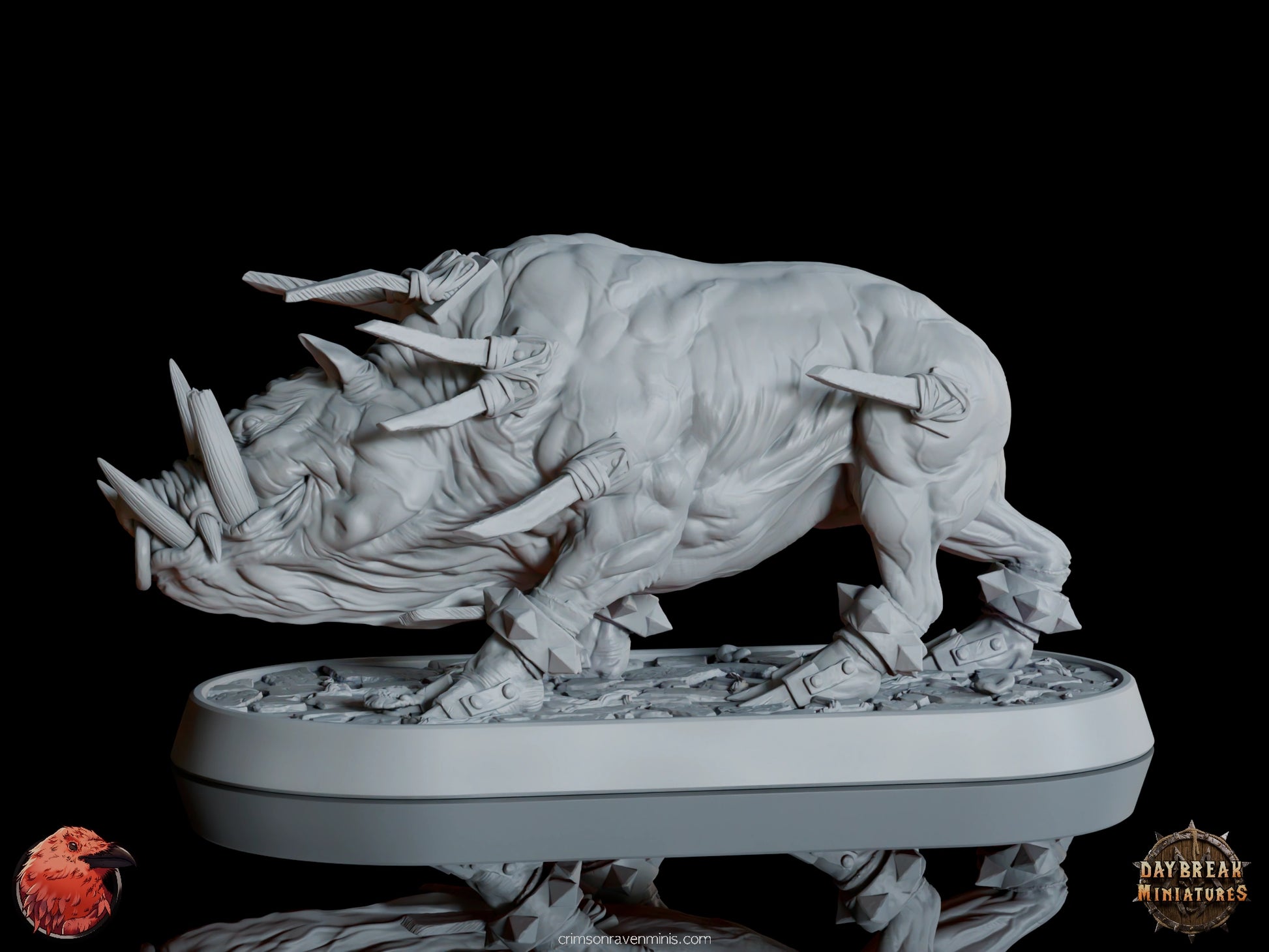 Side profile of Stockus war pig miniature, with visible armor spikes and intricate detailing on a rocky textured base