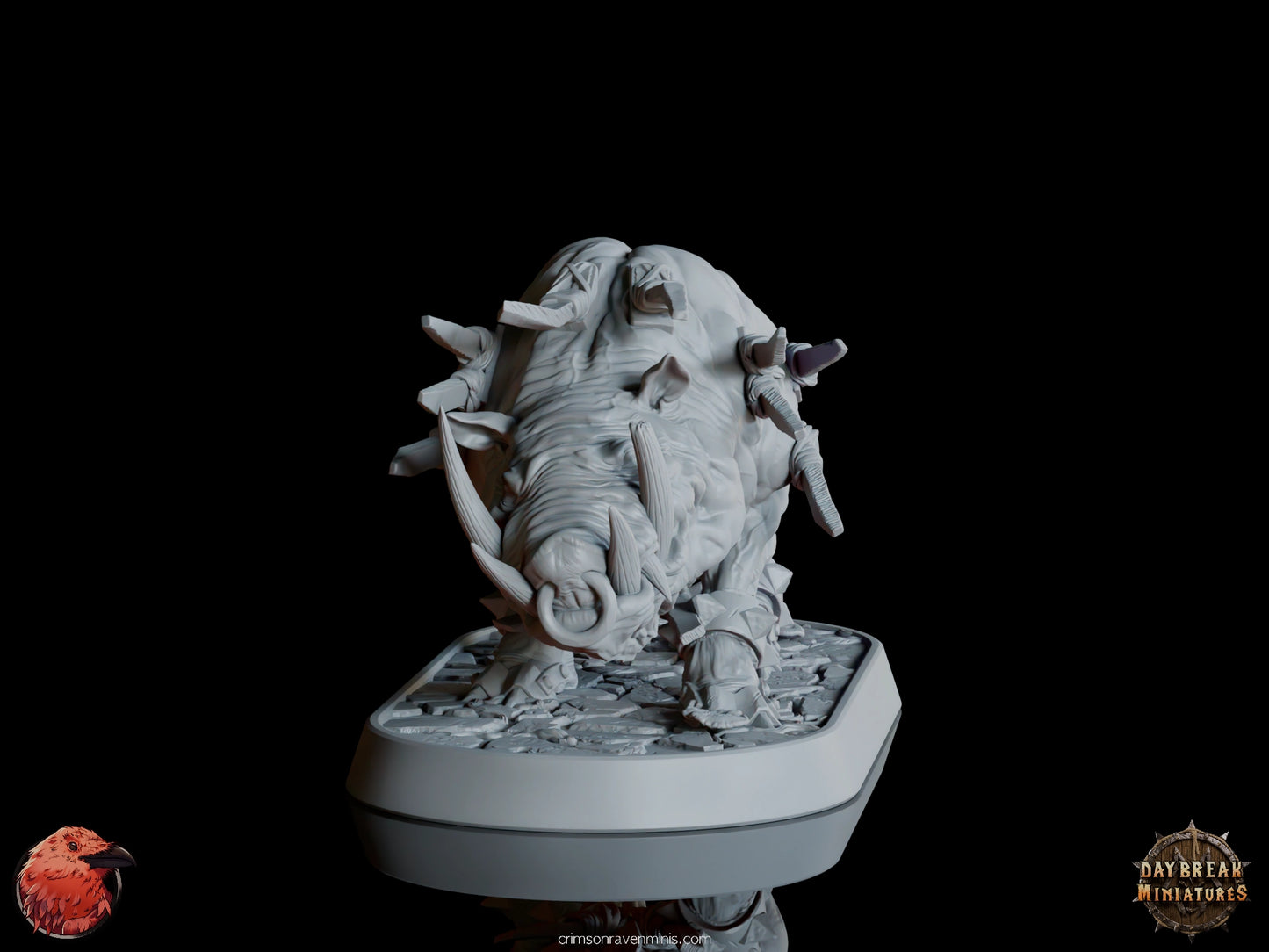 Stockus war pig miniature removed from the base, showcasing the detailed body sculpt and large tusks from a side view