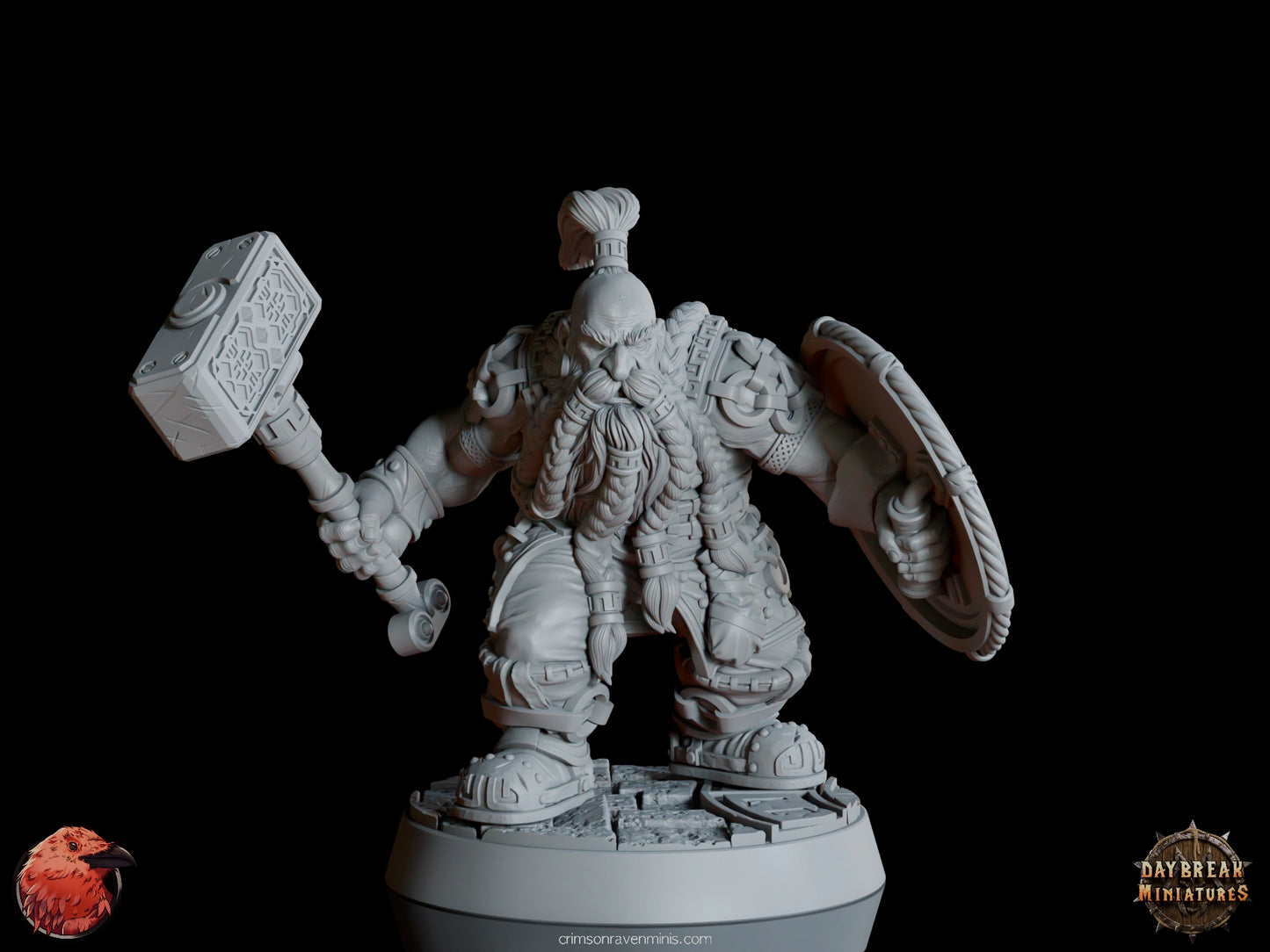 A 3D render of Matti “Stone Bone” Karhu, a dwarf holding a large hammer and shield, standing on a 1-inch base.