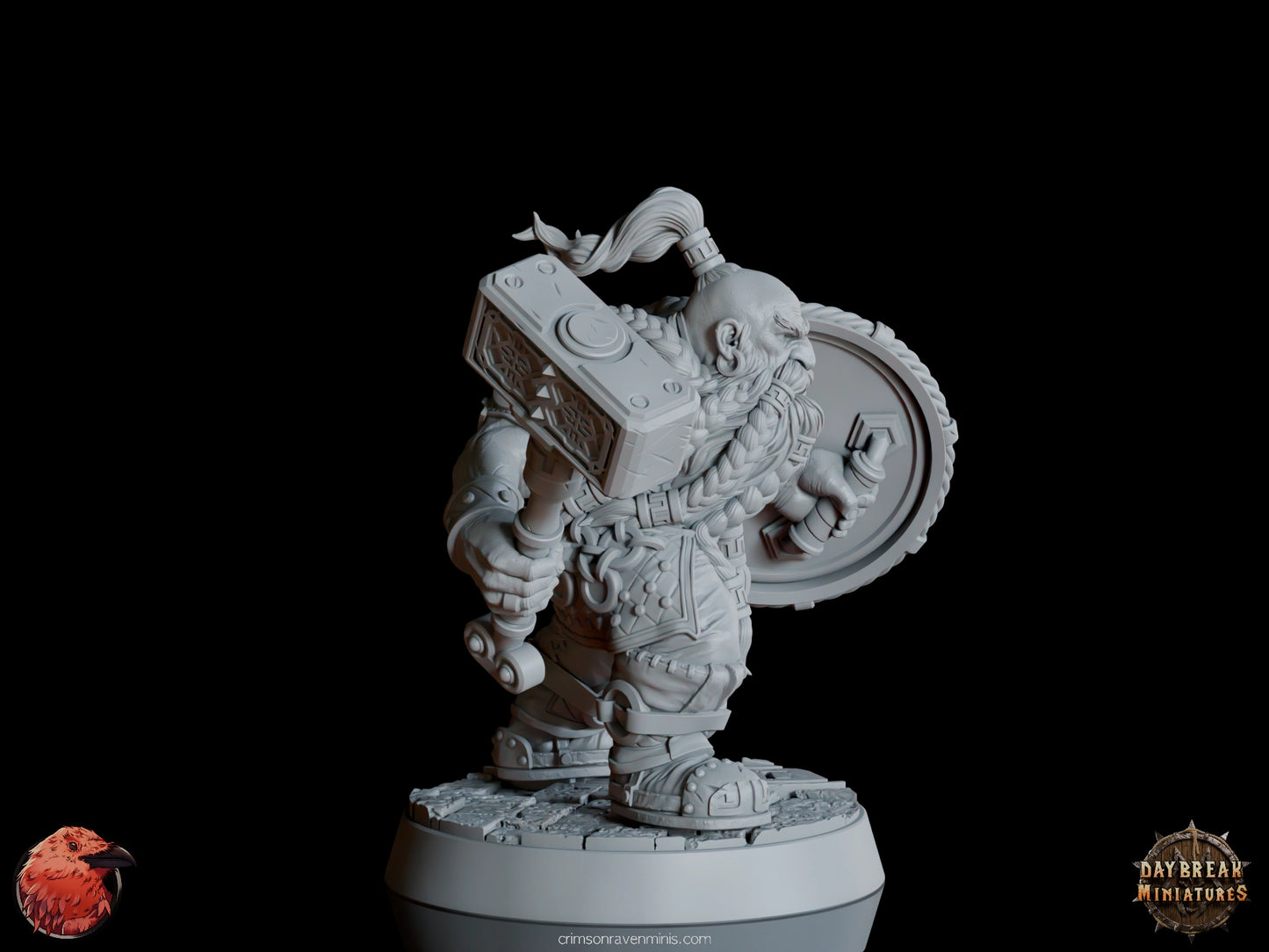 A 3D render of Matti “Stone Bone” Karhu, a dwarf holding a large hammer and shield, standing on a 1-inch base.