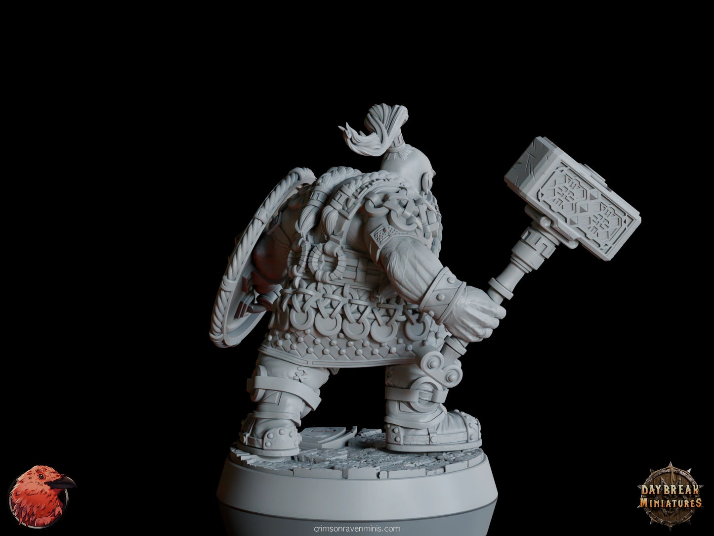 A 3D render of Matti “Stone Bone” Karhu, a dwarf holding a large hammer and shield, standing on a 1-inch base.