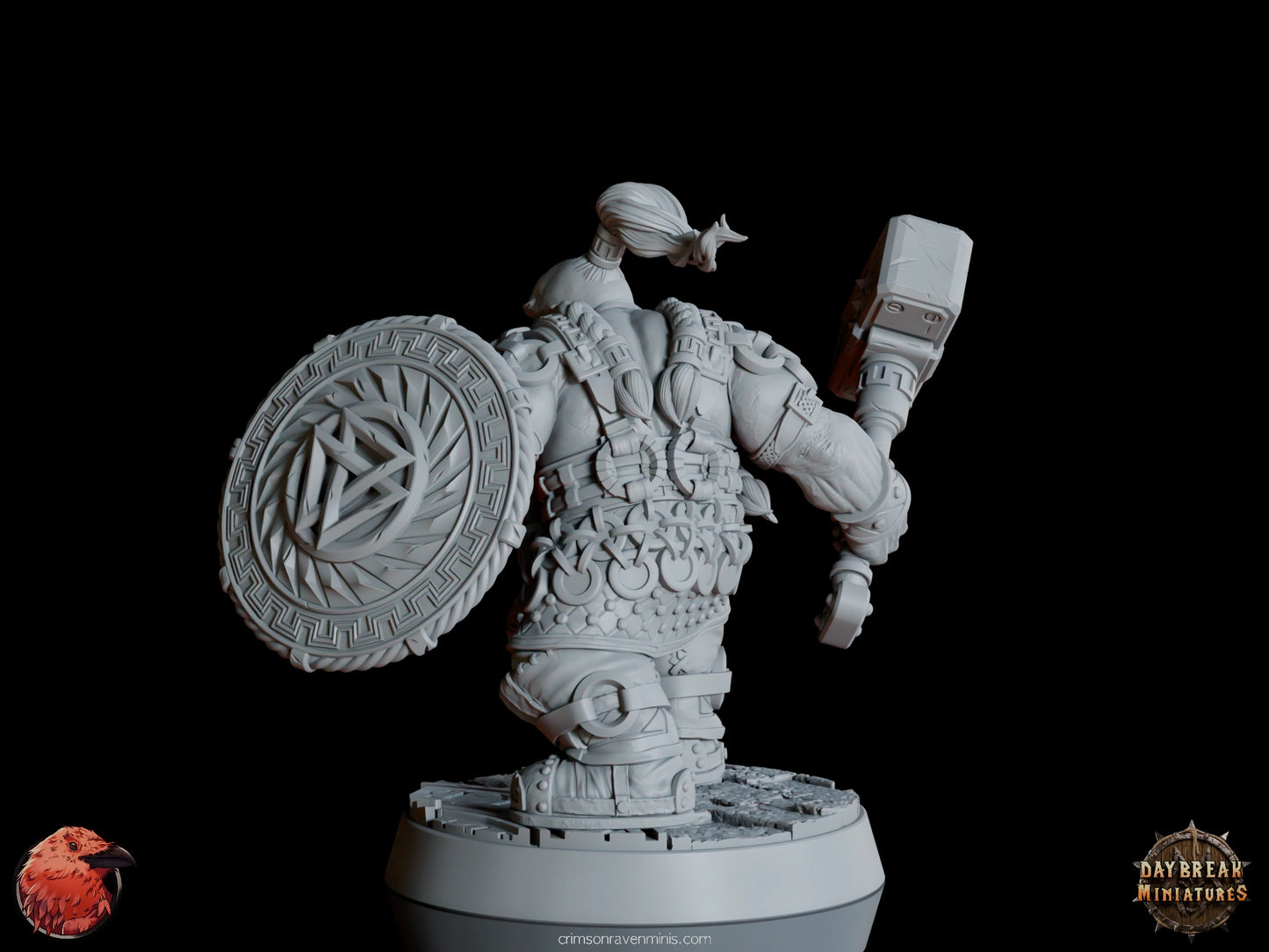 A 3D render of Matti “Stone Bone” Karhu, a dwarf holding a large hammer and shield, standing on a 1-inch base.