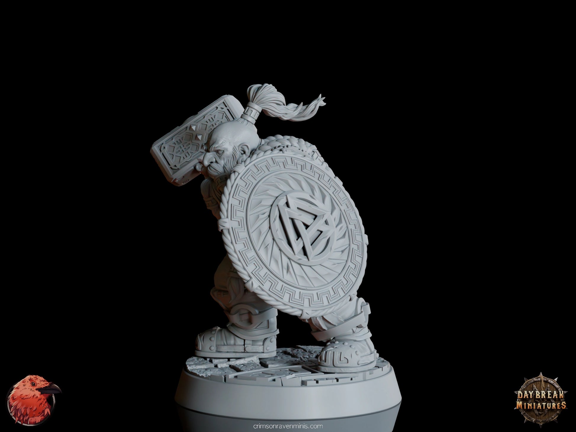 A 3D render of Matti “Stone Bone” Karhu, a dwarf holding a large hammer and shield, standing on a 1-inch base.