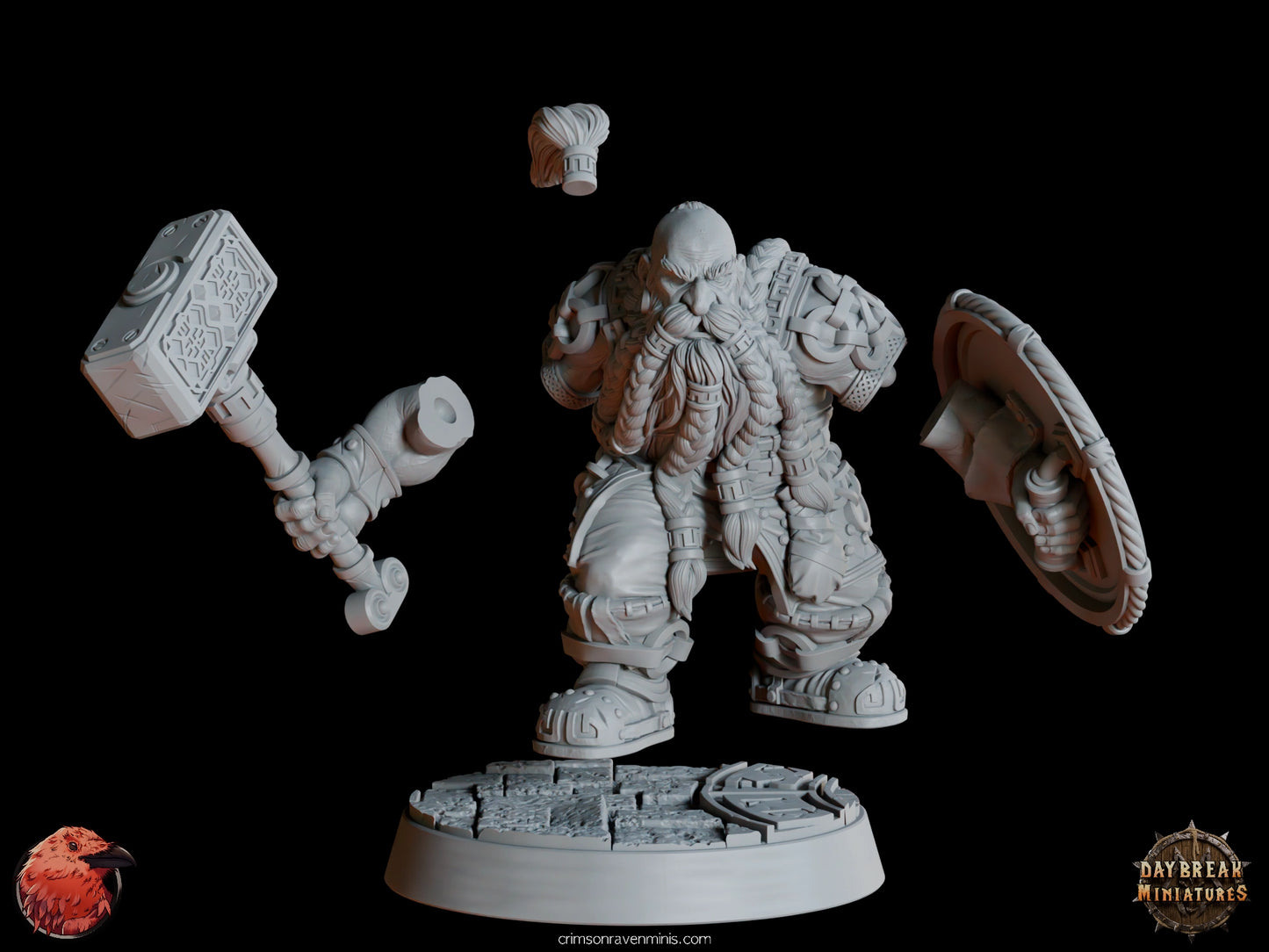 A 3D render of Matti “Stone Bone” Karhu, a dwarf holding a large hammer and shield, standing on a 1-inch base. unassembled parts