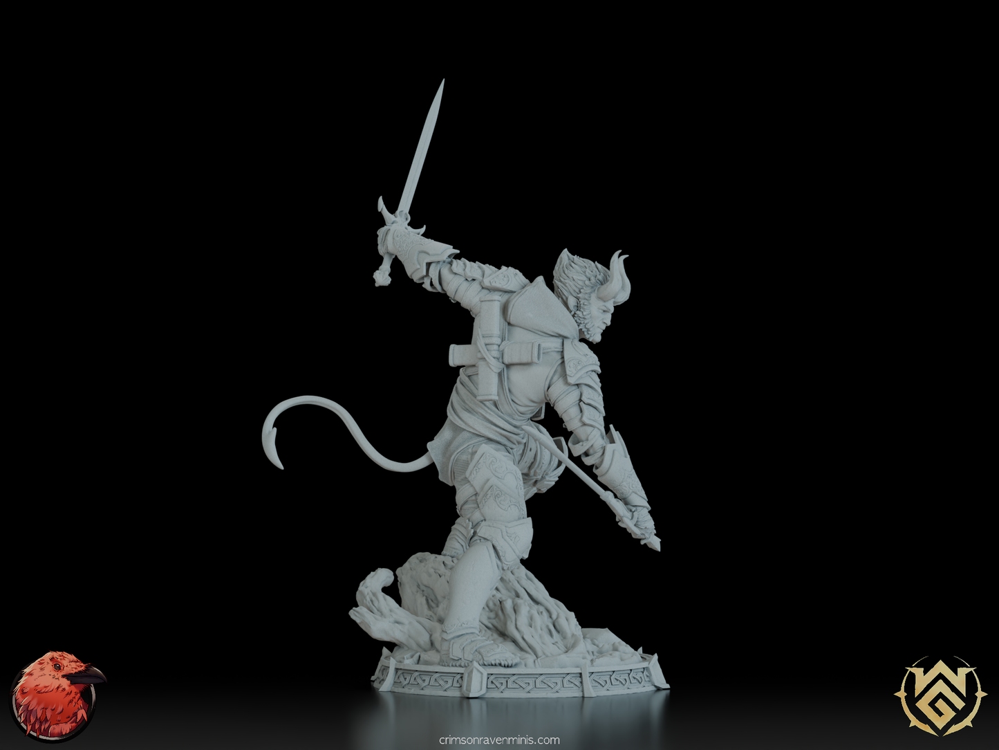 Tiefling warrior-mage figurine with detailed armor and dual swords, capturing arcane and martial powe