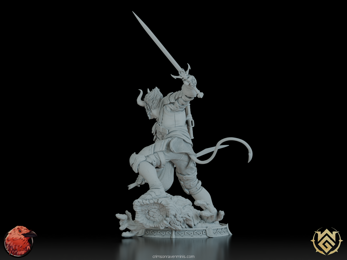 Close-up of Sword Mage Tiefling figurine, showcasing intricate features and dynamic pose, perfect for display