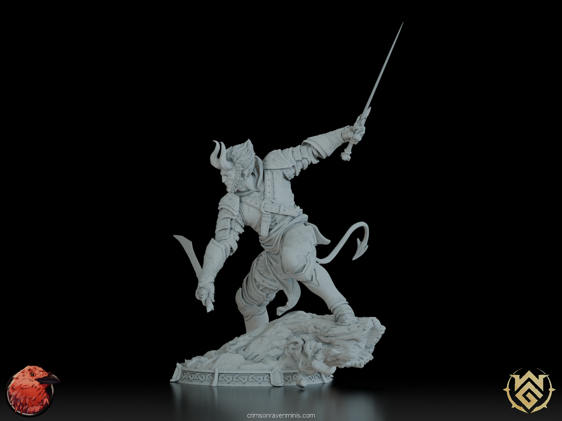 Sword Mage Tiefling figurine by Witchguild Minis, poised in a powerful display stance