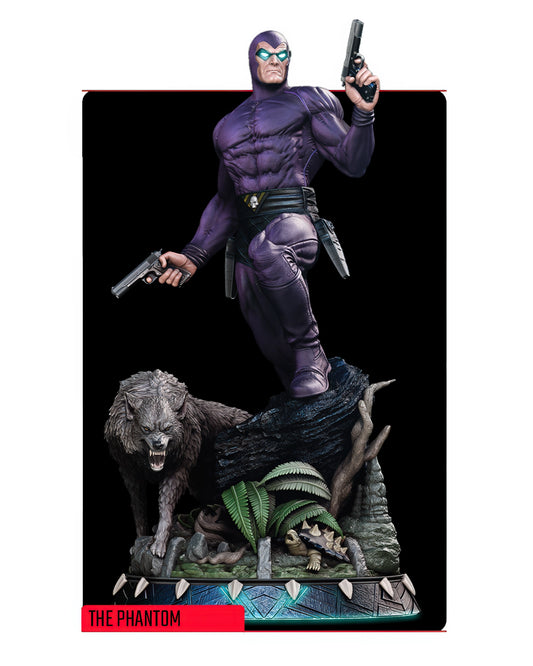 The Phantom Sixth Scale Figure Model Kit by B3DSERK, featuring the hero in a purple suit with dual pistols, standing on a detailed base with a wolf companion.