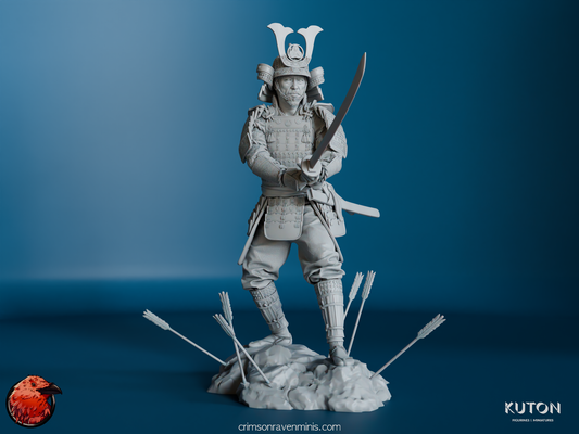 A detailed 1:10 scale figure model kit of Lord Yoshii Toranaga in samurai armor, standing with katana in hand, with optional display parts including a helm with crest and arrows embedded in his armor.