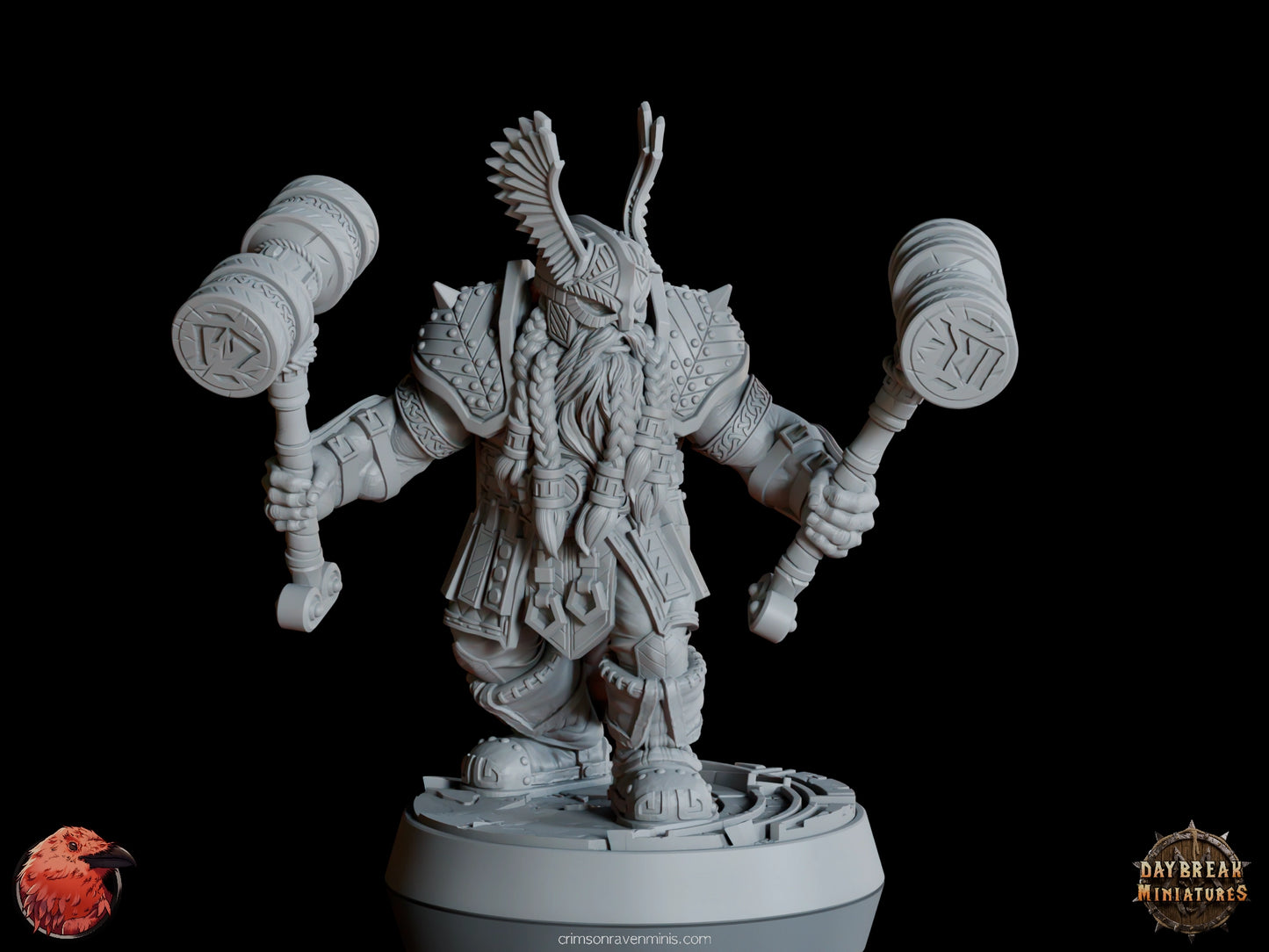 A 3D render of Terju “Two Times” McTanttu, a dwarf holding two hammers, with optional left hands, standing on a 1-inch base.