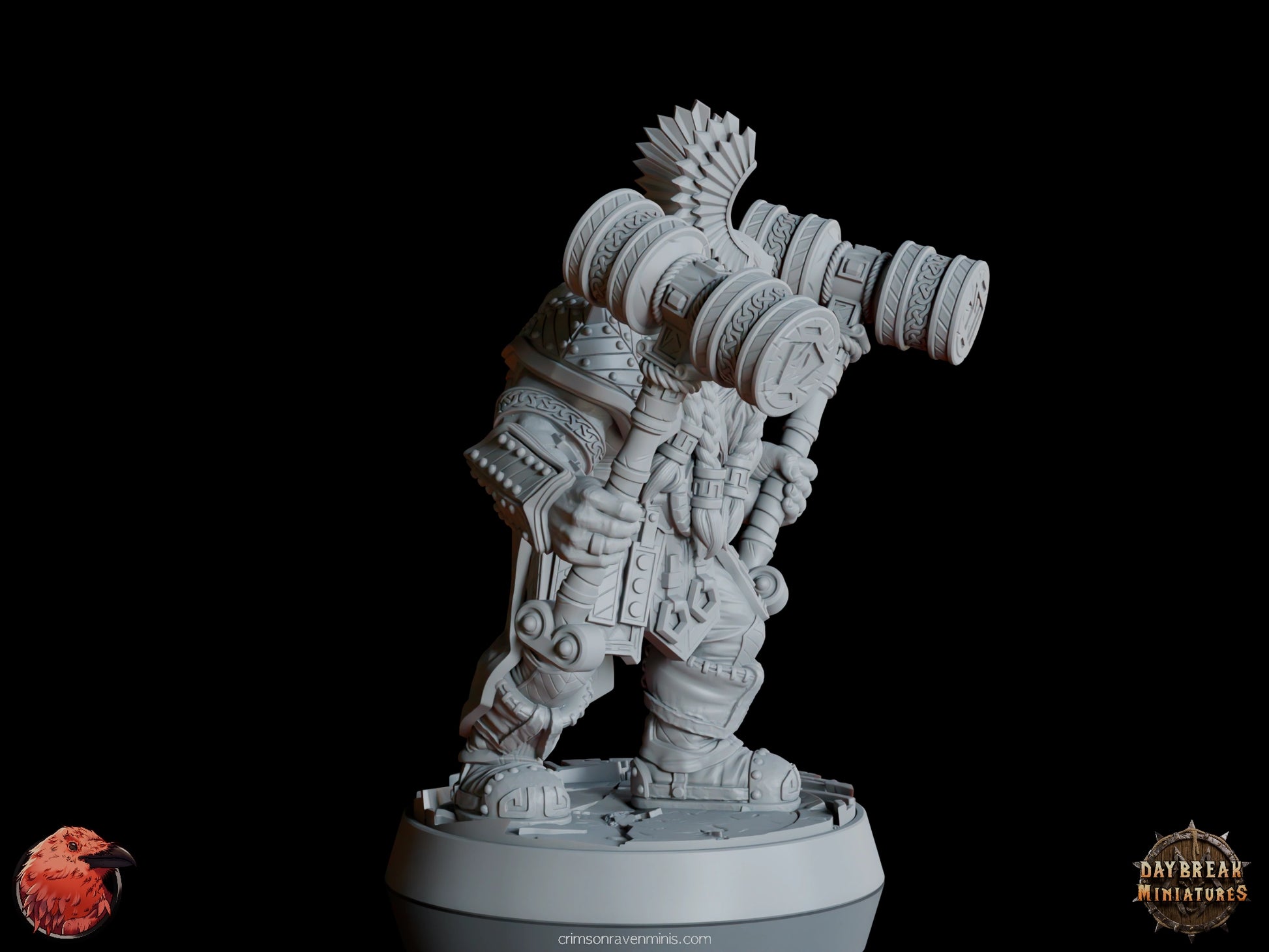 A 3D render of Terju “Two Times” McTanttu, a dwarf holding two hammers, with optional left hands, standing on a 1-inch base.