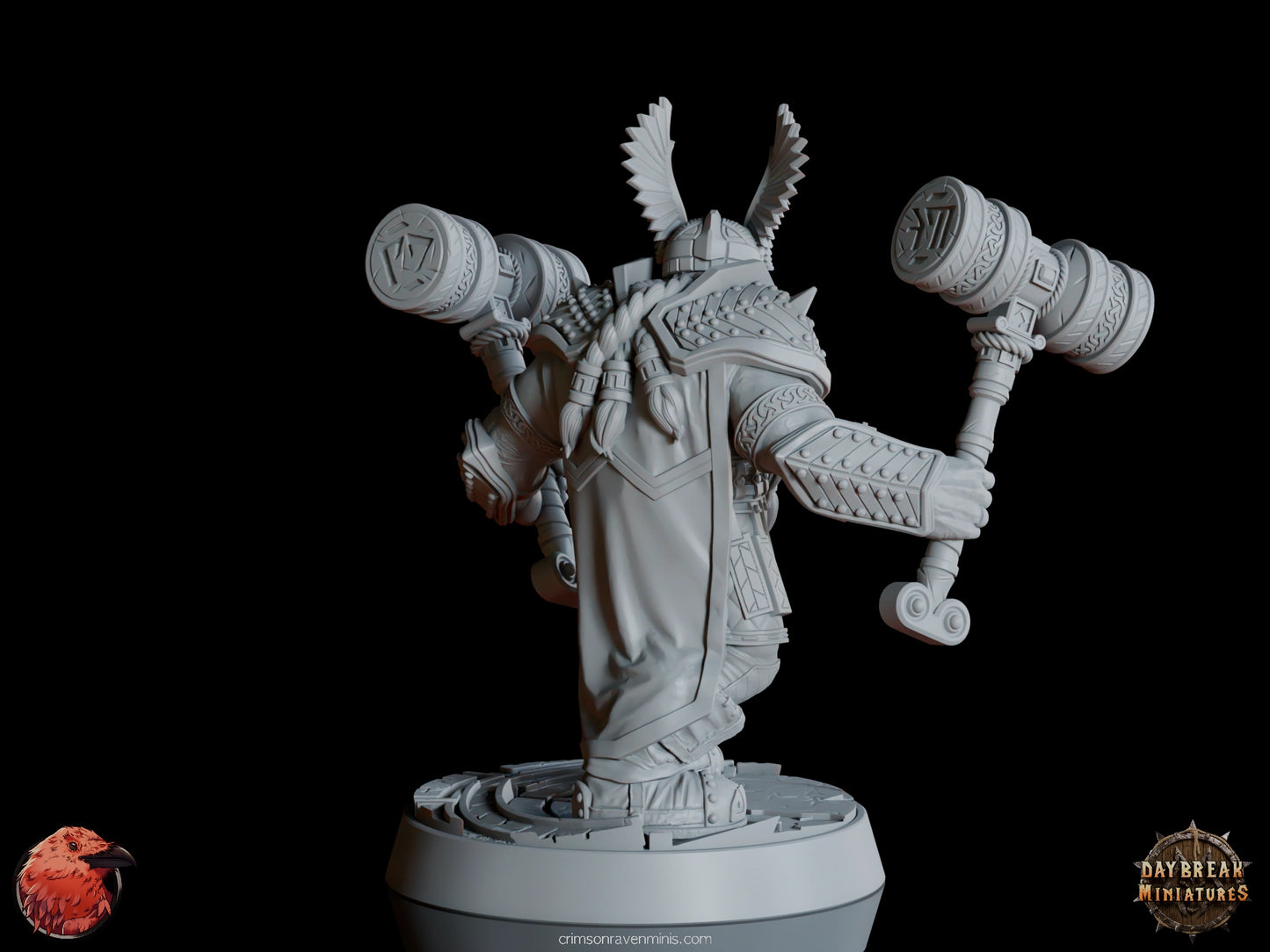 A 3D render of Terju “Two Times” McTanttu, a dwarf holding two hammers, with optional left hands, standing on a 1-inch base.