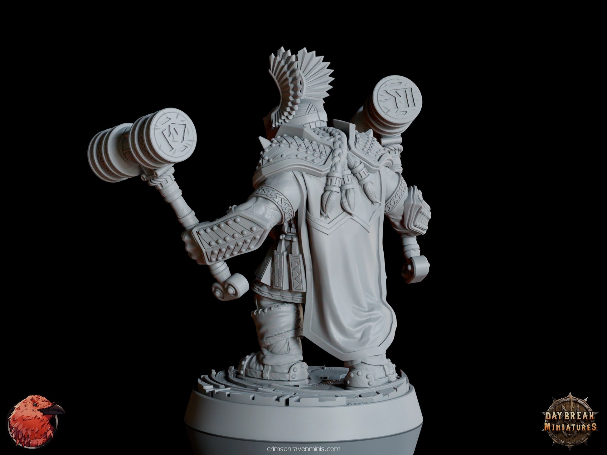 A 3D render of Terju “Two Times” McTanttu, a dwarf holding two hammers, with optional left hands, standing on a 1-inch base.