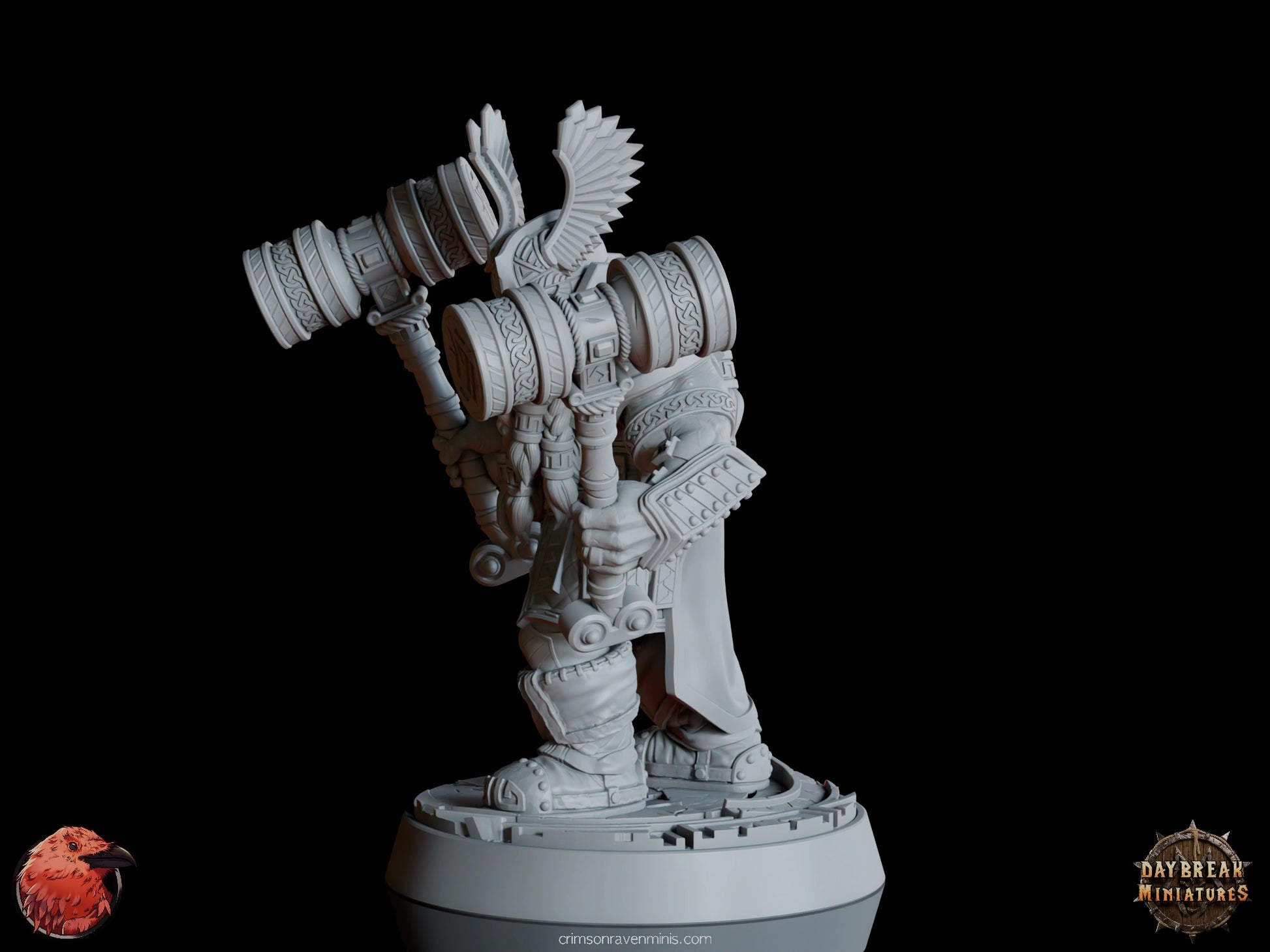 A 3D render of Terju “Two Times” McTanttu, a dwarf holding two hammers, with optional left hands, standing on a 1-inch base.