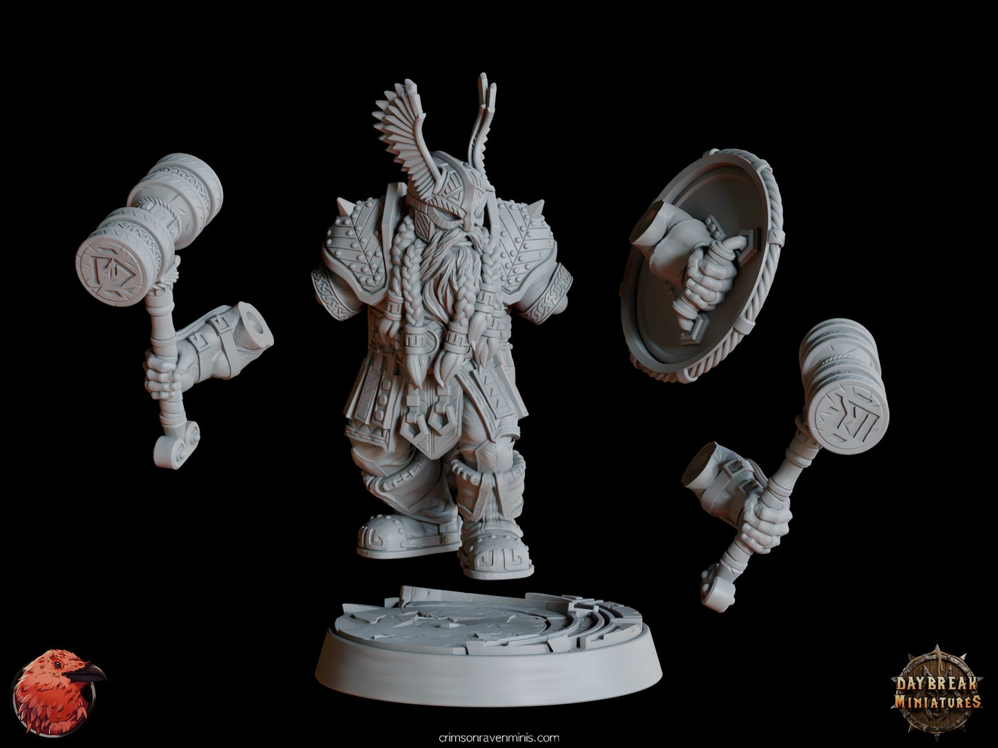 A 3D render of Terju “Two Times” McTanttu, a dwarf holding two hammers, with optional left hands, standing on a 1-inch base. unassembled parts