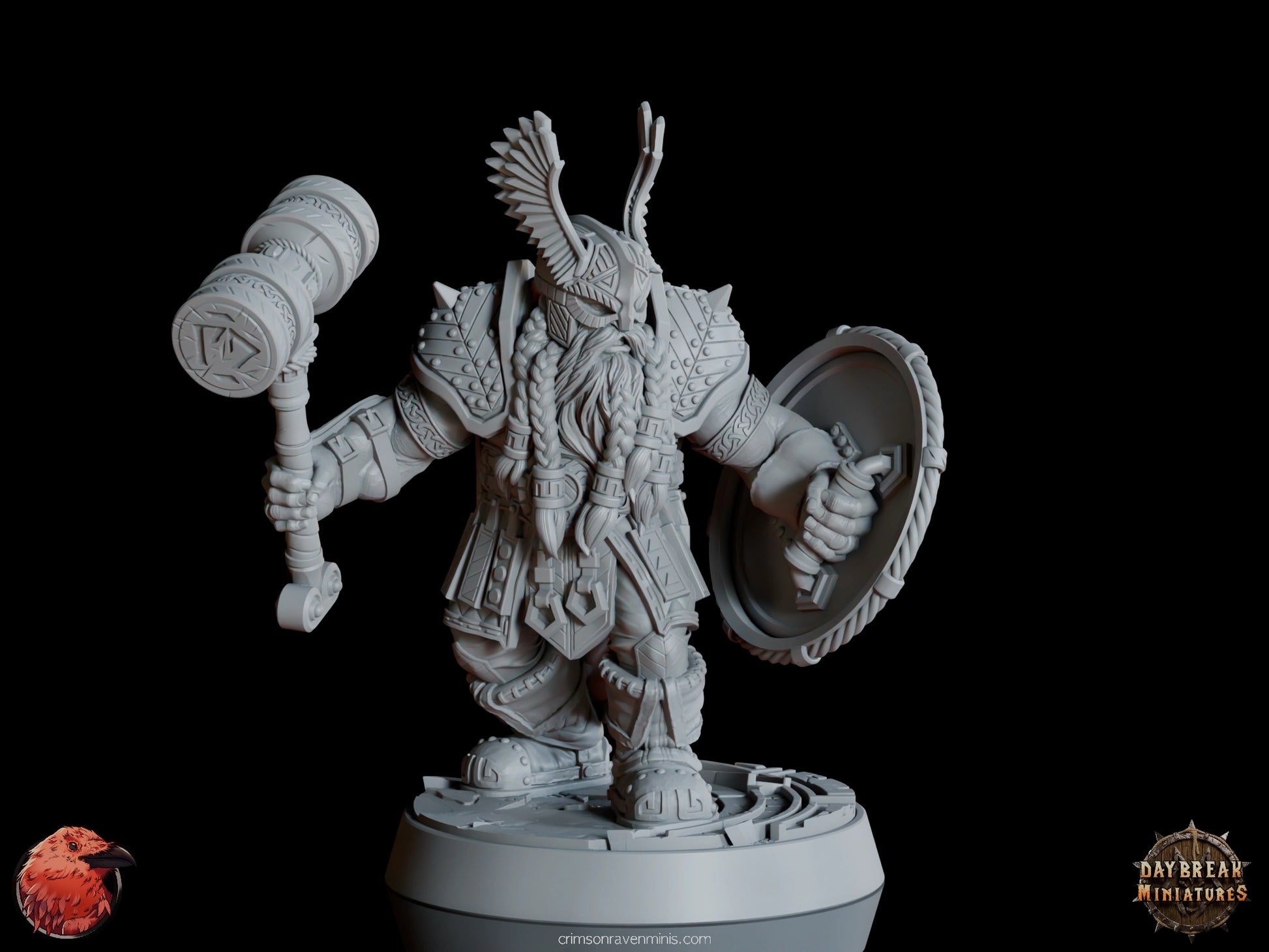 A 3D render of Terju “Two Times” McTanttu, a dwarf holding a hammer and shield, with optional left hands, standing on a 1-inch base.