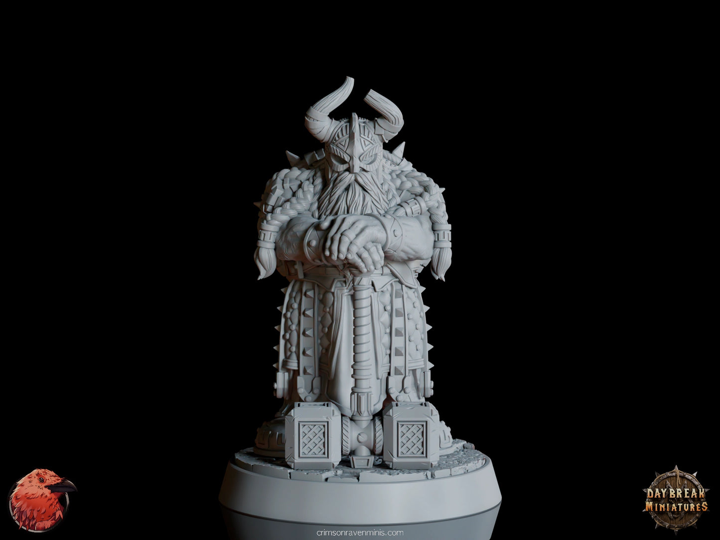 A 3D render of Ukko Hakka, a dwarf in spiked armor with a horned helmet, standing on a 1-inch base.