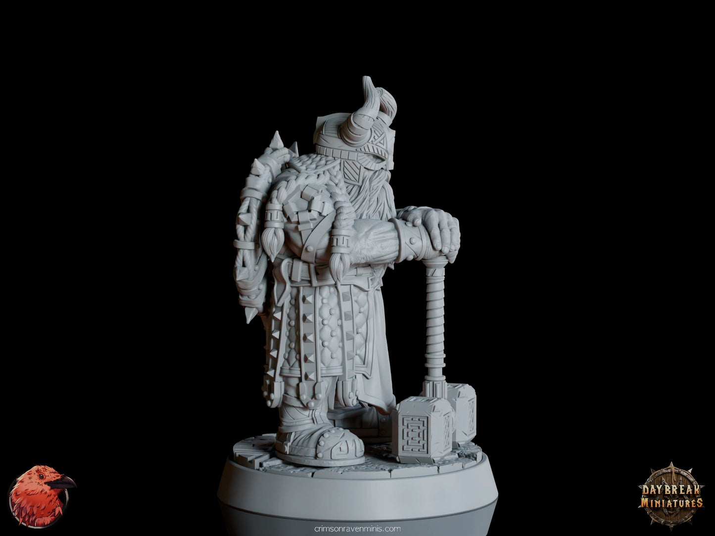 A 3D render of Ukko Hakka, a dwarf in spiked armor with a horned helmet, standing on a 1-inch base.