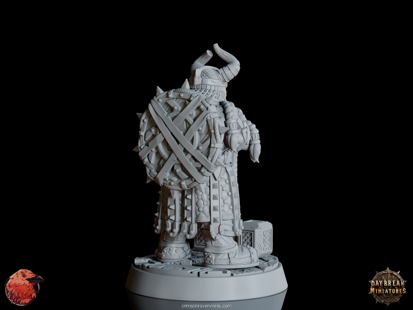 A 3D render of Ukko Hakka, a dwarf in spiked armor with a horned helmet, standing on a 1-inch base.