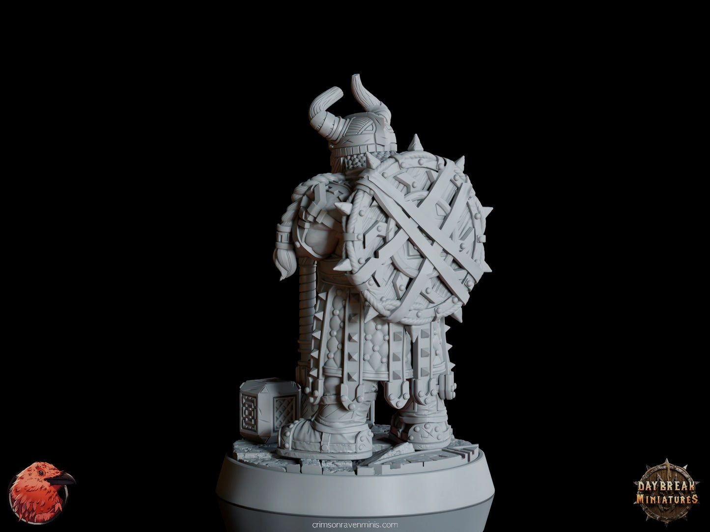 A 3D render of Ukko Hakka, a dwarf in spiked armor with a horned helmet, standing on a 1-inch base.