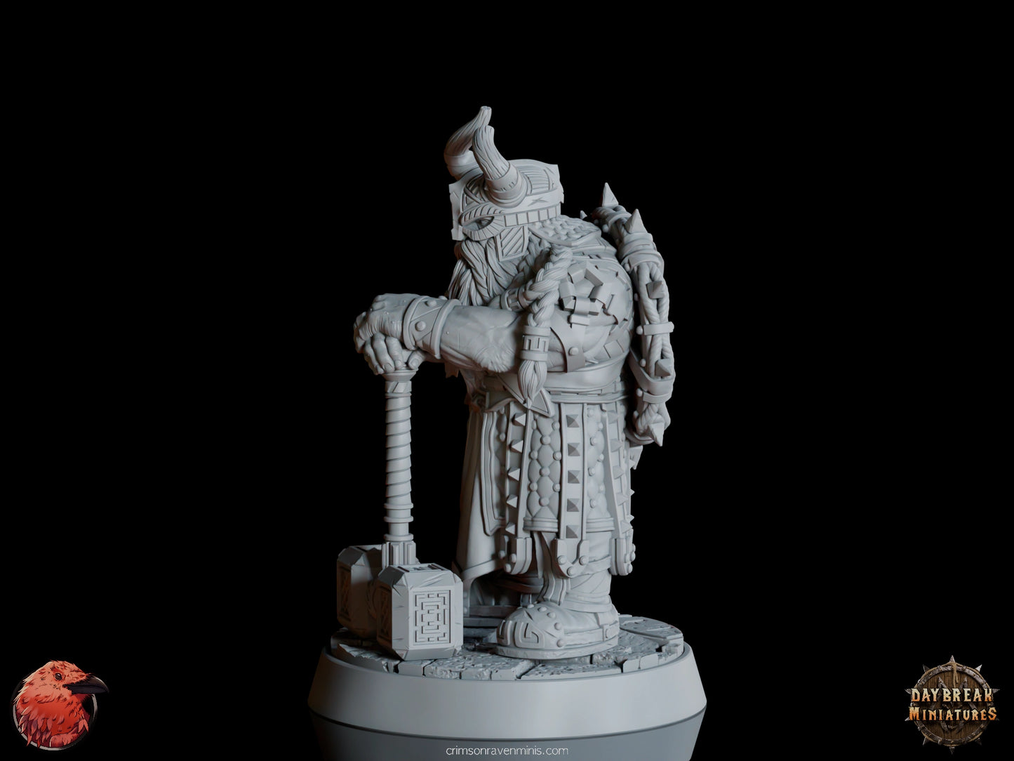 A 3D render of Ukko Hakka, a dwarf in spiked armor with a horned helmet, standing on a 1-inch base.