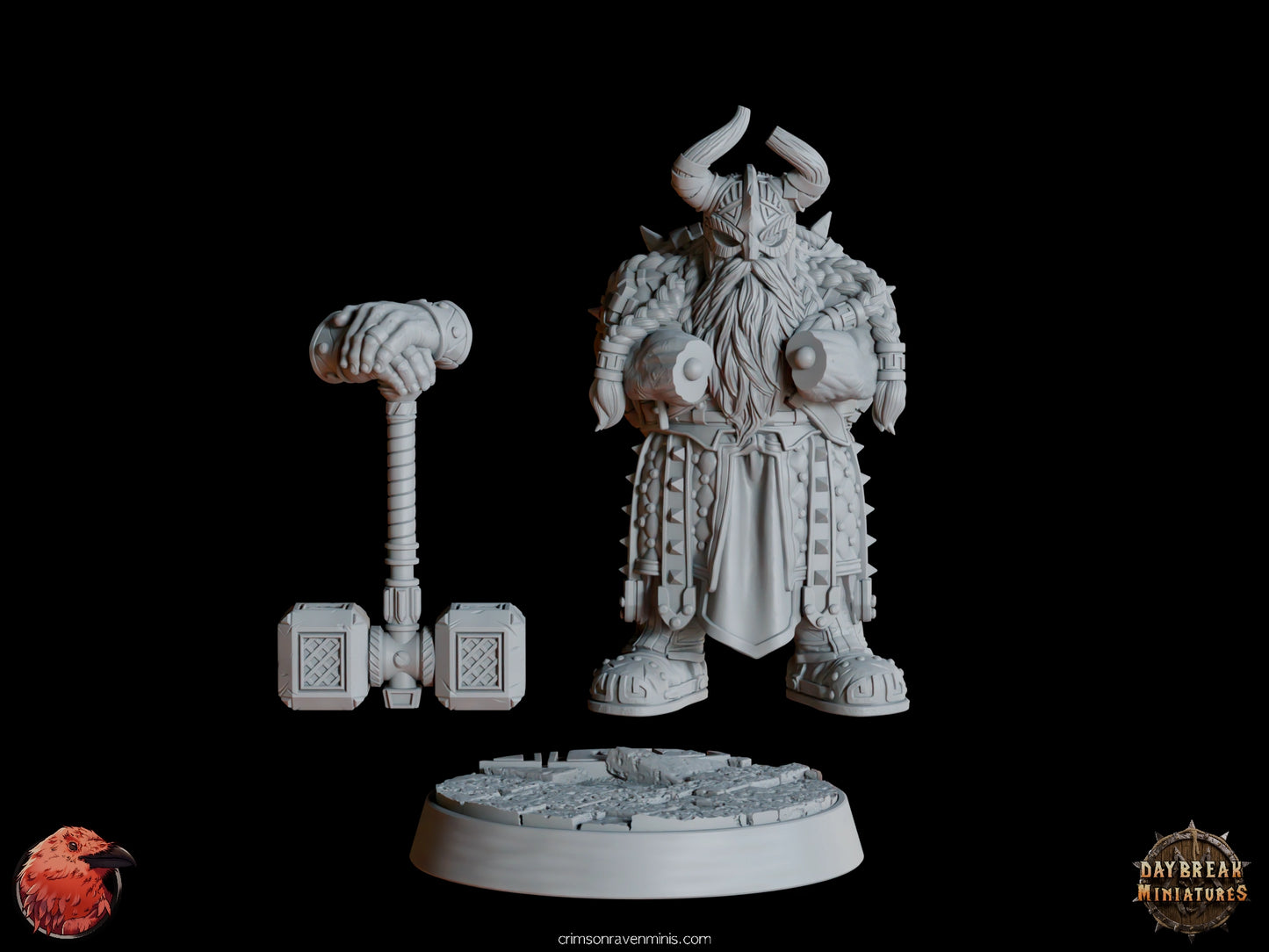 A 3D render of Ukko Hakka, a dwarf in spiked armor with a horned helmet, standing on a 1-inch base. unassembled parts