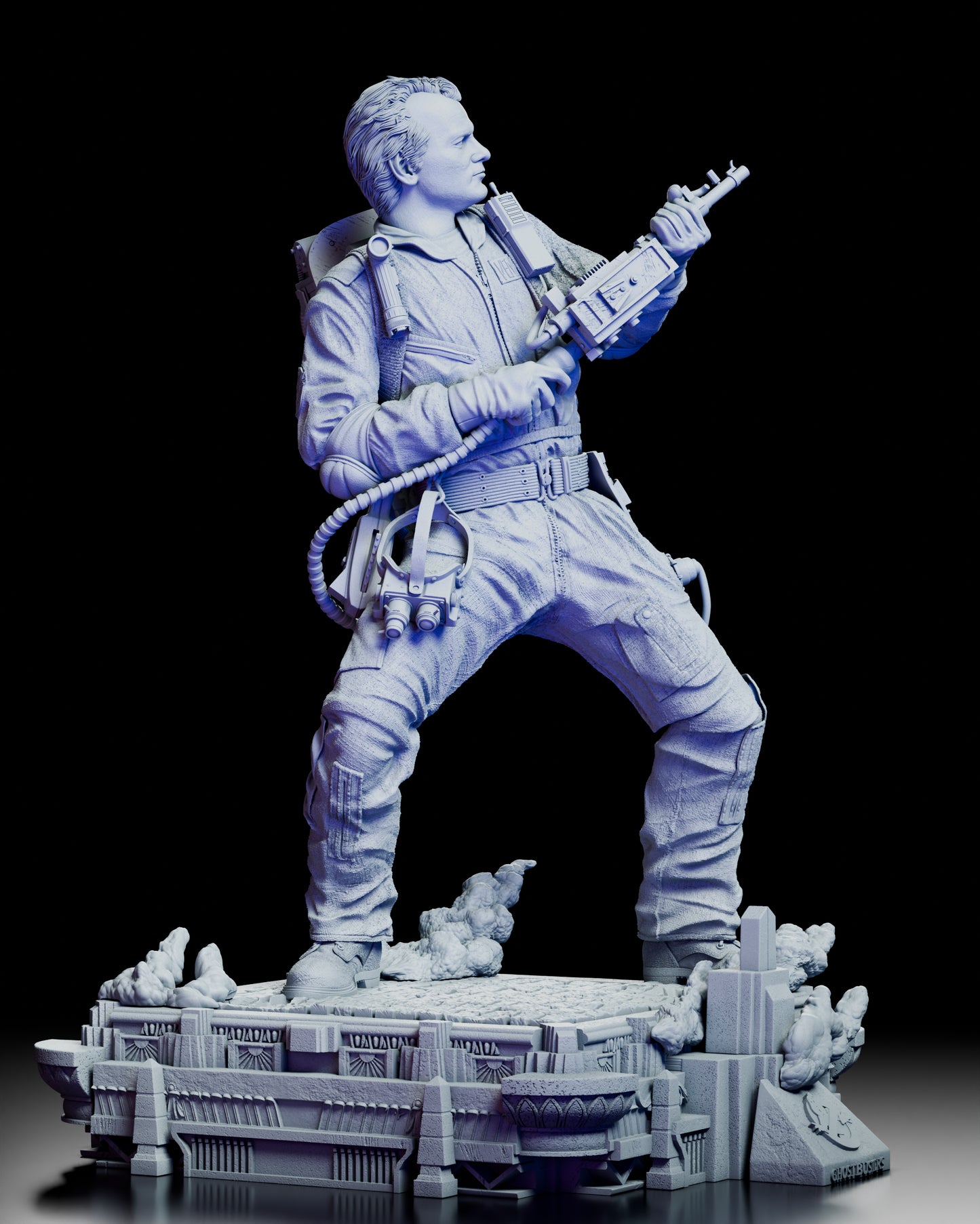 Right side view highlighting proton pack hoses, gloves, and confident posture