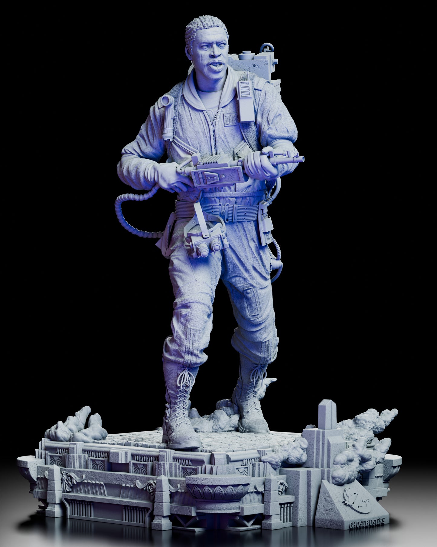 Front view of Winston Zeddemore figure kit holding his proton blaster on the detailed temple base