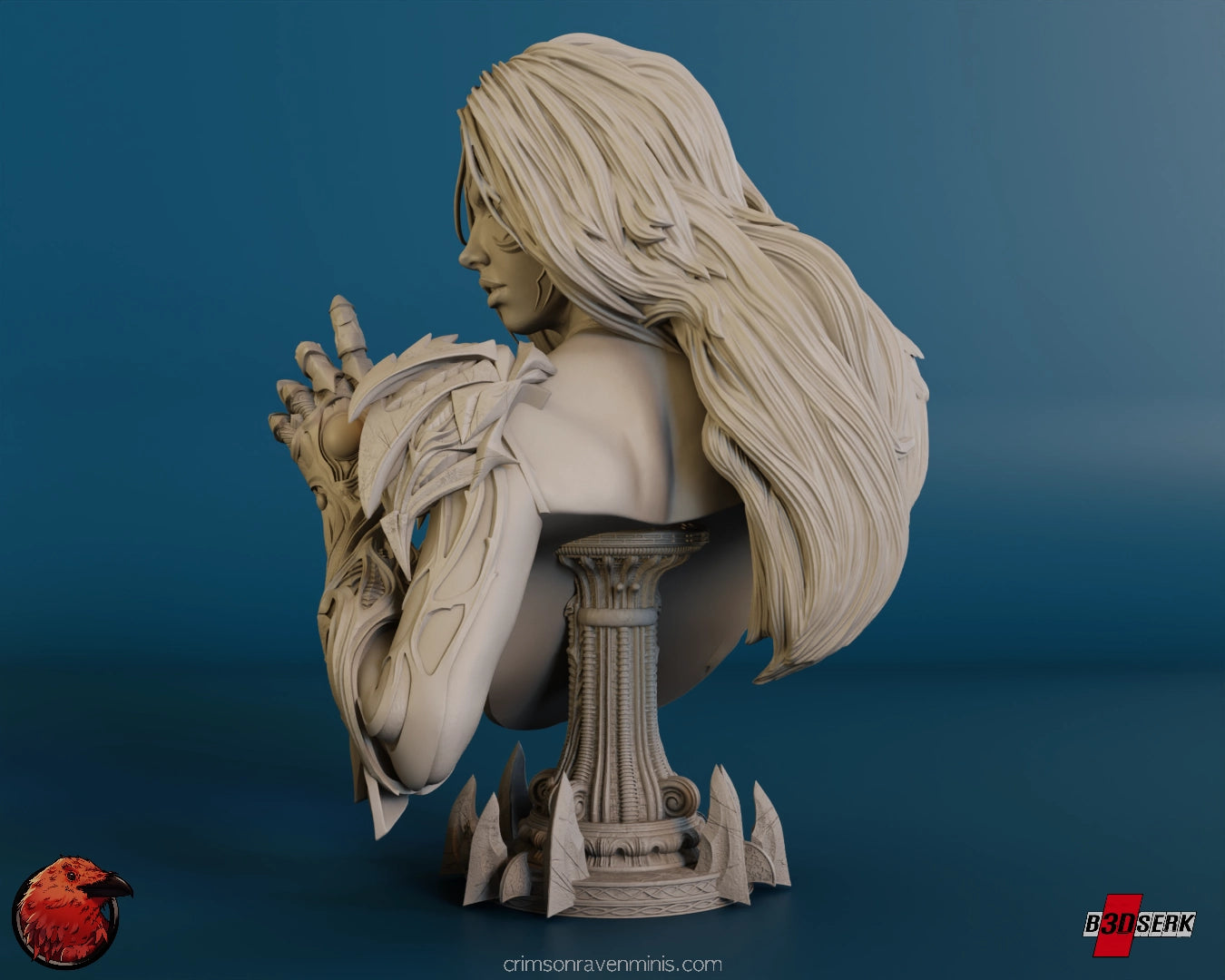 Side view of the Witchblade - Sara Pezzini bust resin model kit, highlighting the flowing hair and ornate armor.