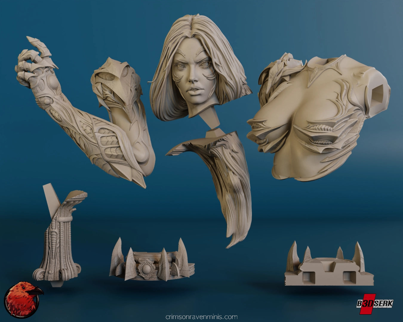 Disassembled parts of the Witchblade - Sara Pezzini bust resin model kit, showing individual pieces for assembly.