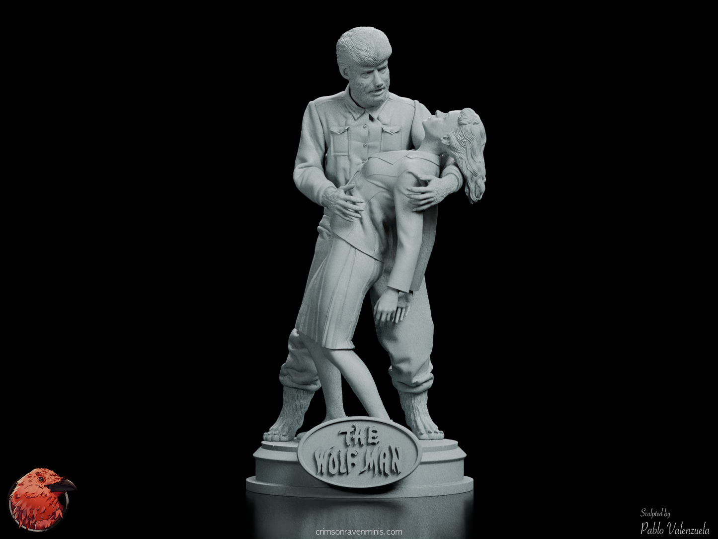 Front view of the Wolfman Figure Kit, depicting the powerful scene of the Wolfman holding Gwen, with intricate details of his transformation and emotional depth.