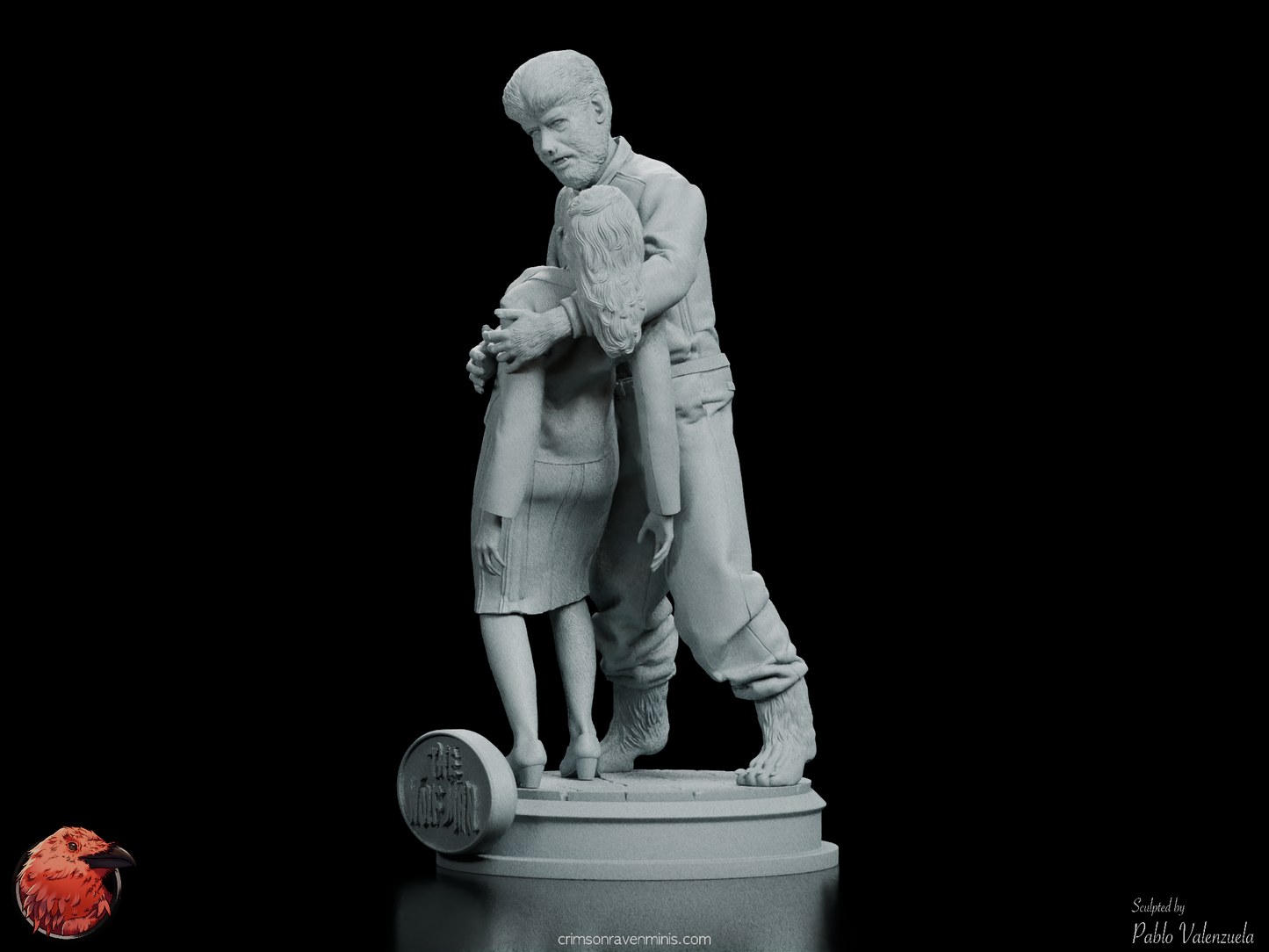 Left front angle of the Wolfman Figure Kit, highlighting the intense scene with Gwen Conliffe and the intricate detail of the Wolfman’s expression