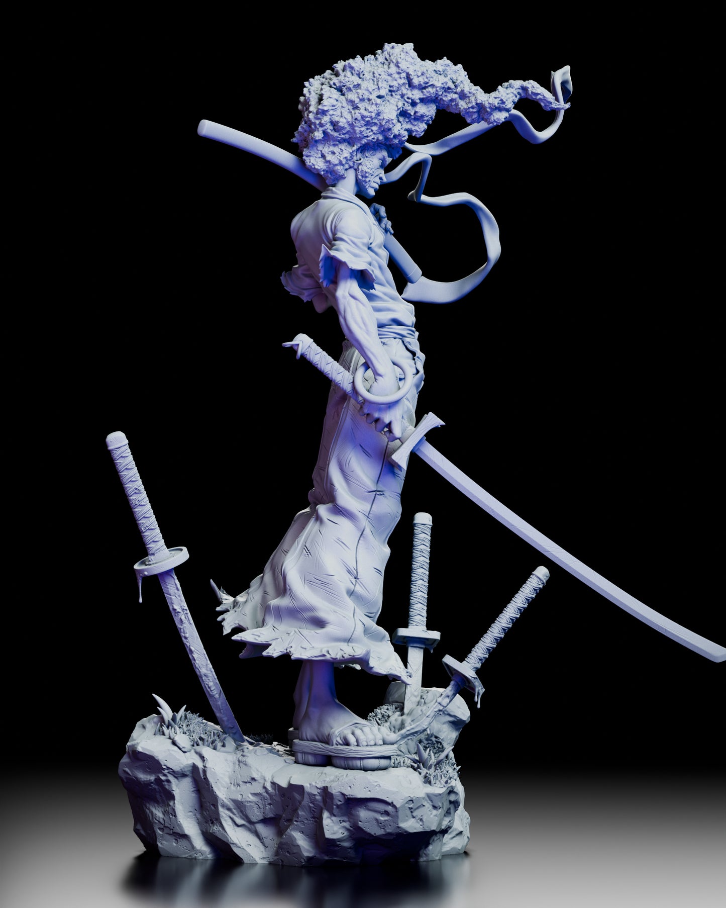 Right side view of Afro Samurai model kit emphasizing posture and intricate sculpting