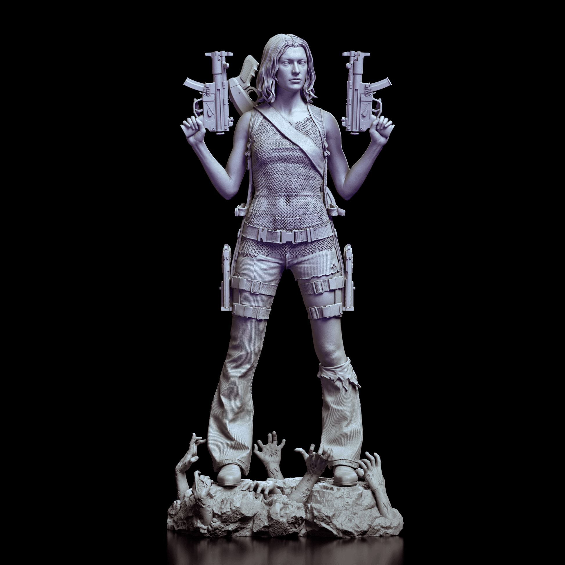 Front view of the Alice figure model kit featuring her dual-wielding submachine guns and iconic pose atop zombie hands.